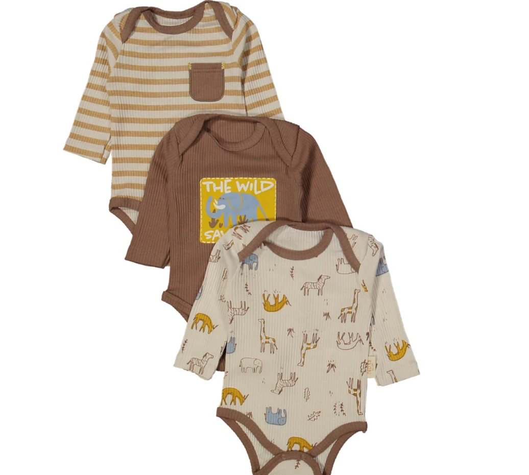 %100 Pamuk Erkek Bebek Margate Animals 3'lü Body
