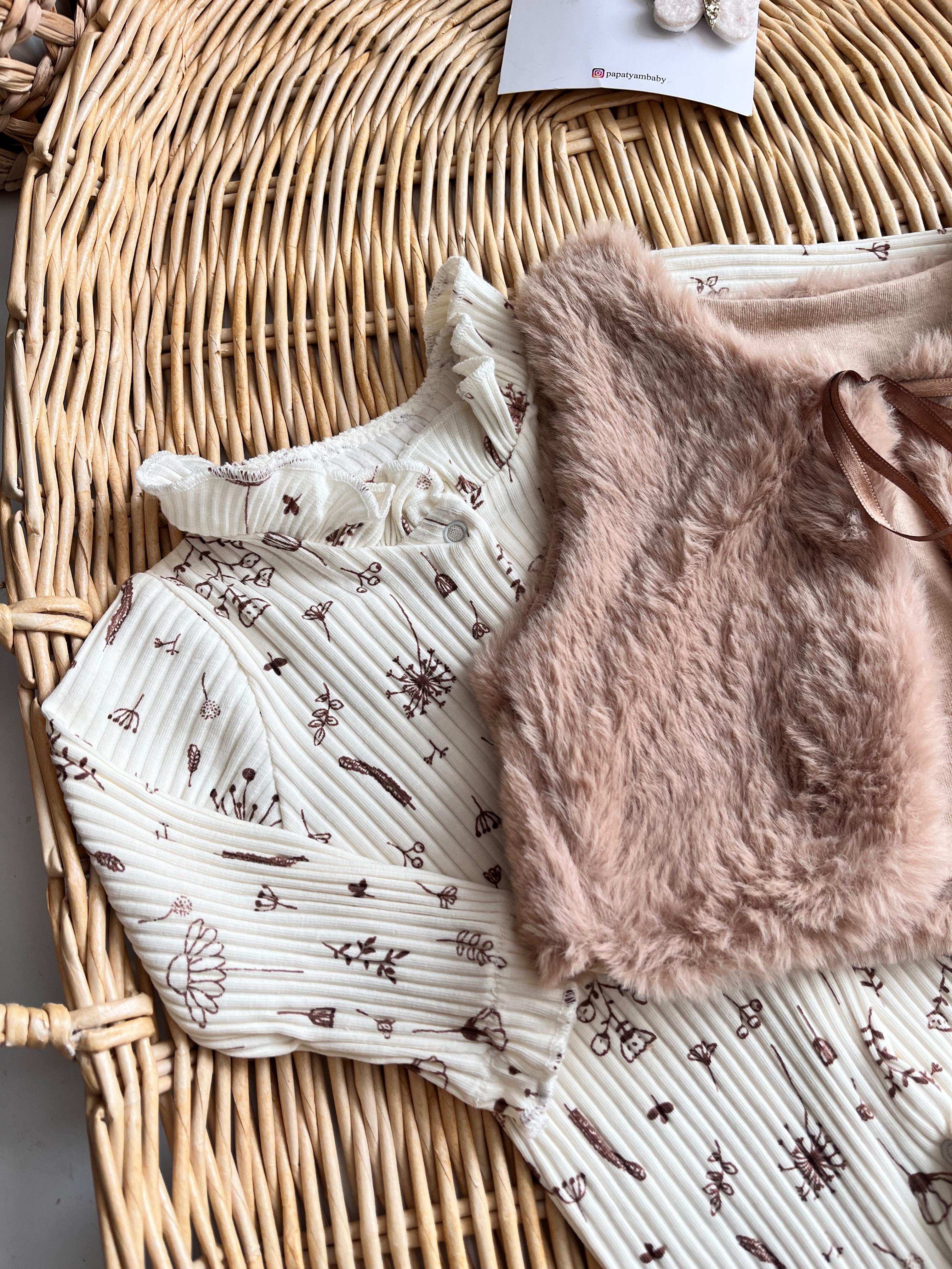 Peluş Yelekli Karahindiba Çiçeği Desenli 2'li Tulum Kahve