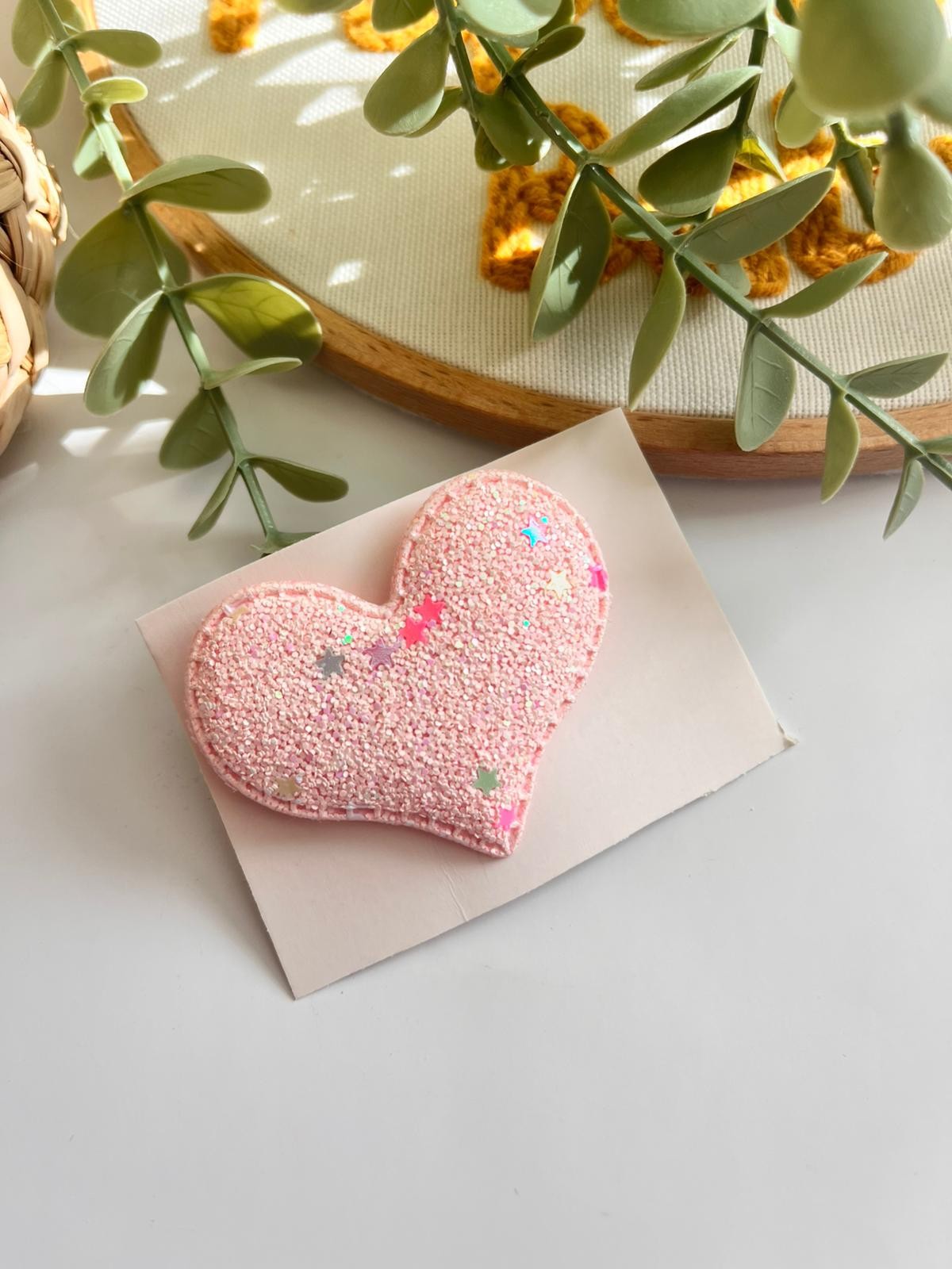 Kalpli Yıldız Simli Saçsız/Saçlı Bebek Tokası Açık Pembe