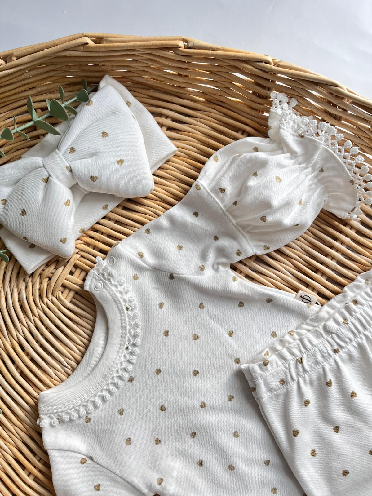 %100 Pamuk Gold Kalpli Bandanalı Balon Kol Body ve Alt 3'lü Takım