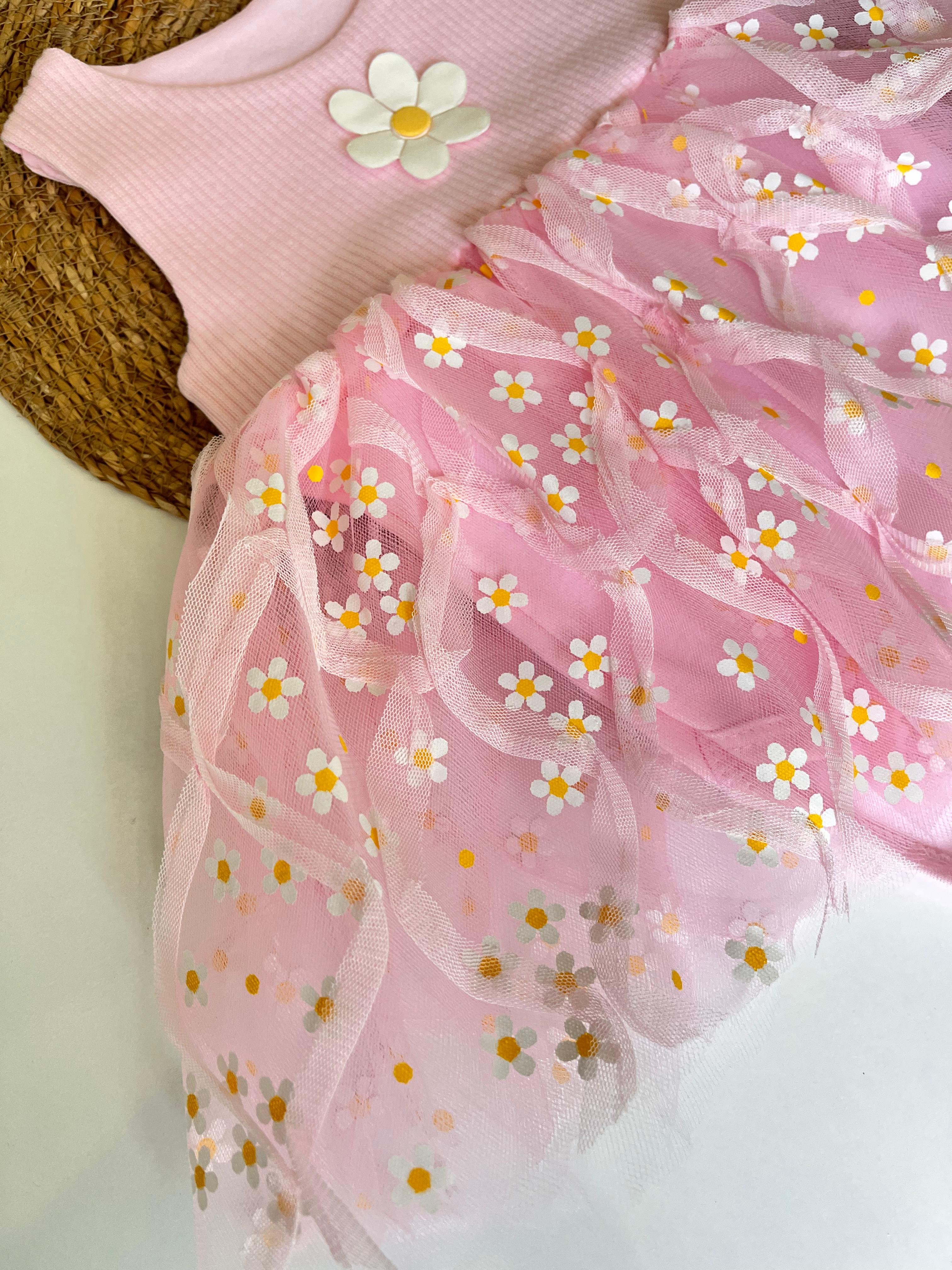 Papatya Nakış Tül Etekli Elbise Pembe