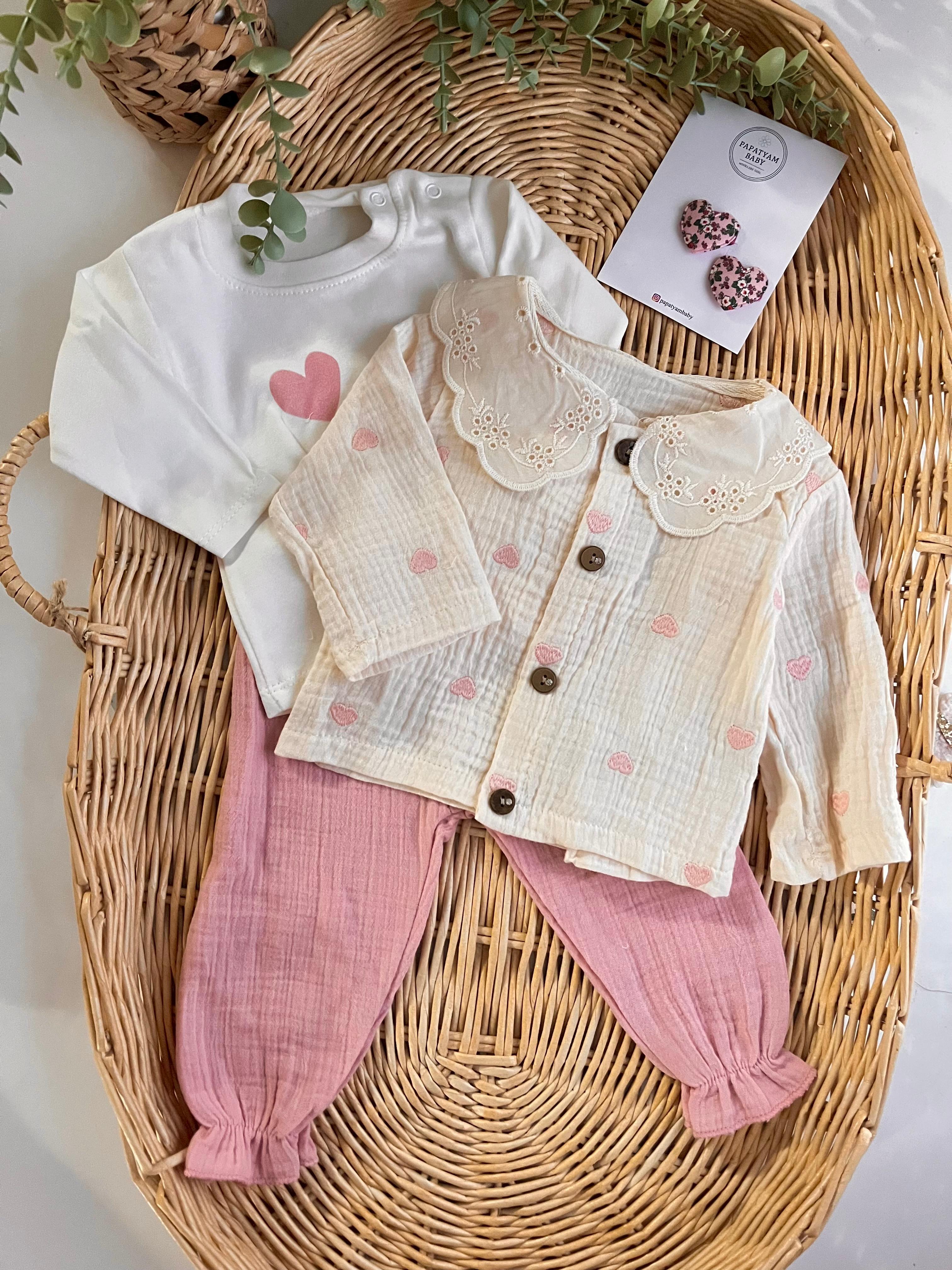 %100 Pamuk Fisto Yakalı Müslin Kumaş Kalp Nakış Hırka, Tshirt Alt 3'lü Müslin Takım