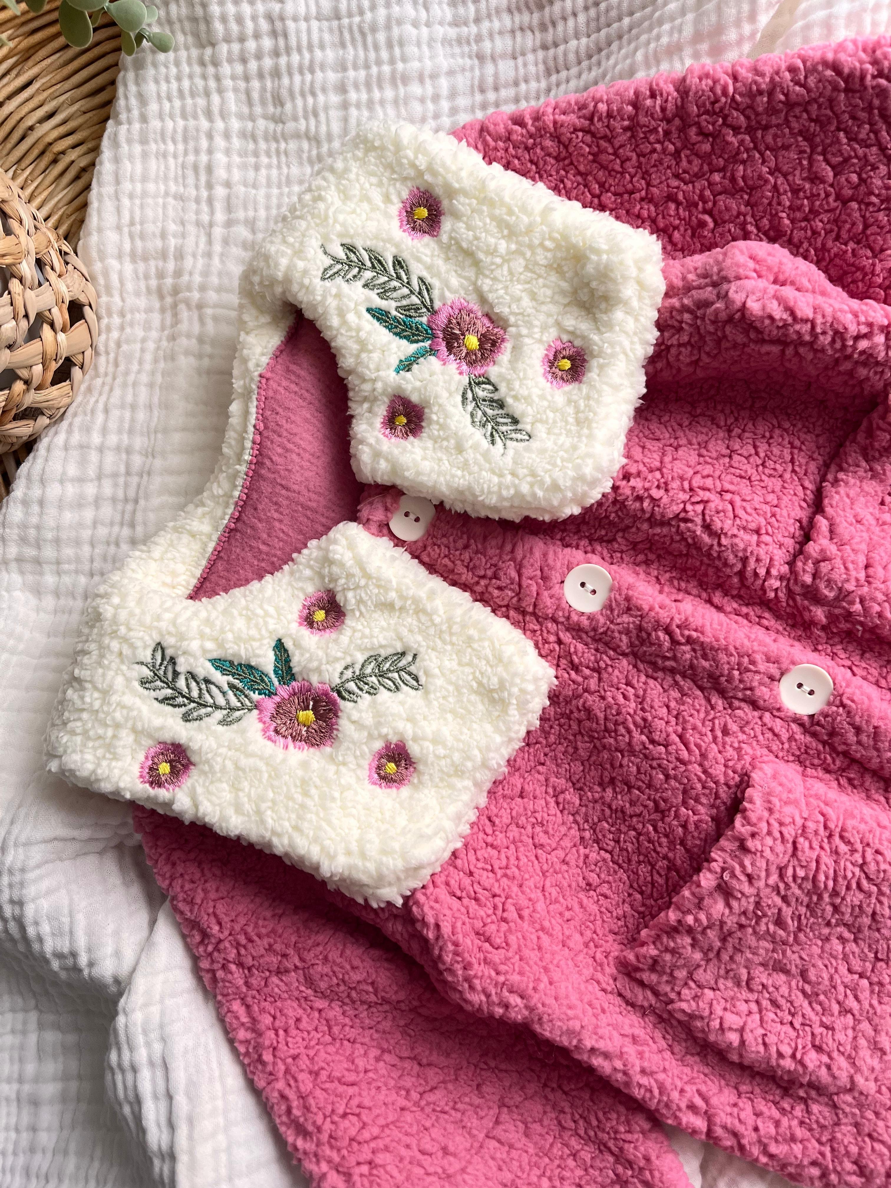 Çiçek Nakış Yakalı Peluş Ceket Pembe