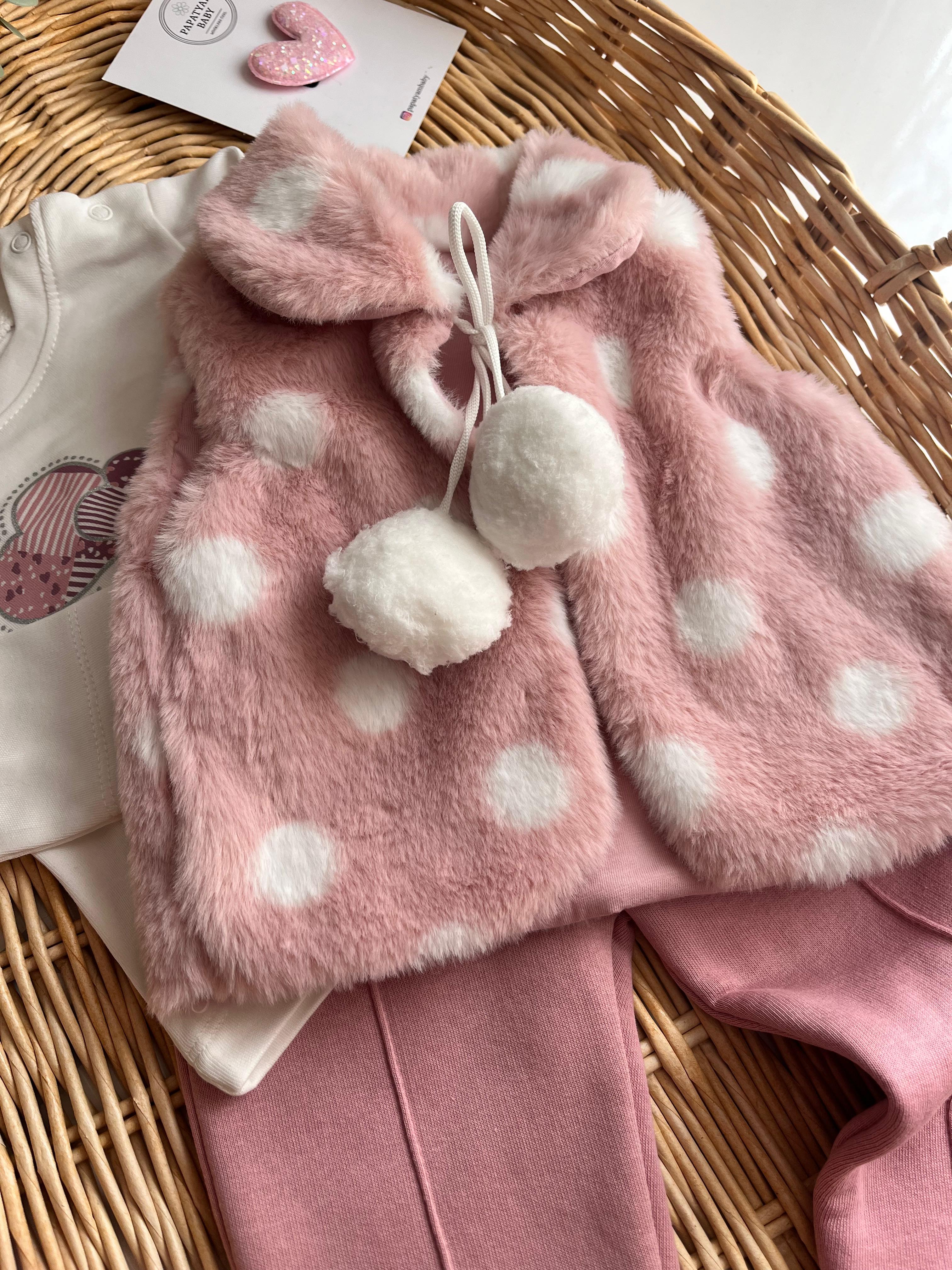 Ponpon Peluş Yelekli Tshirt Alt 3'lü Takım