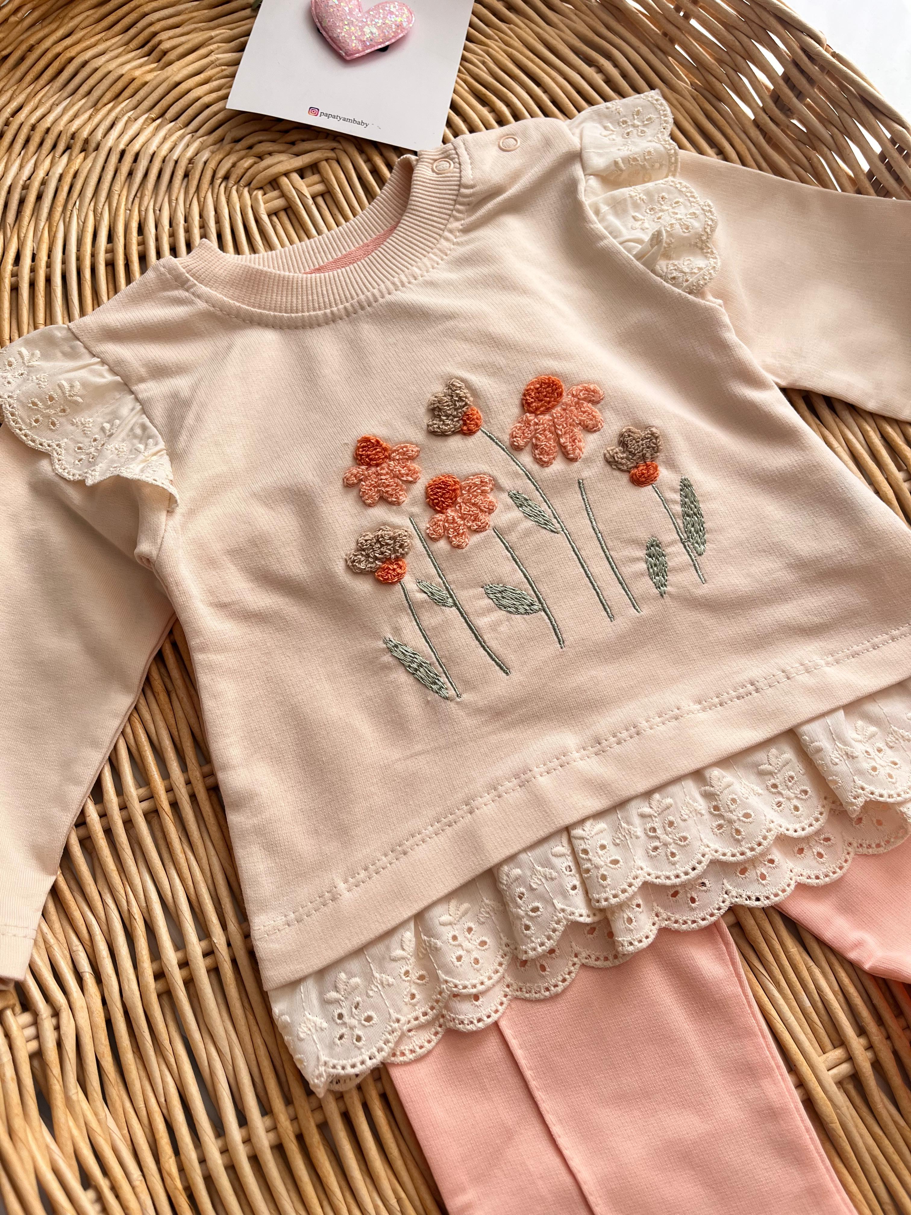 Fisto Omuz Detay Punch Çiçek Nakışlı Takım 