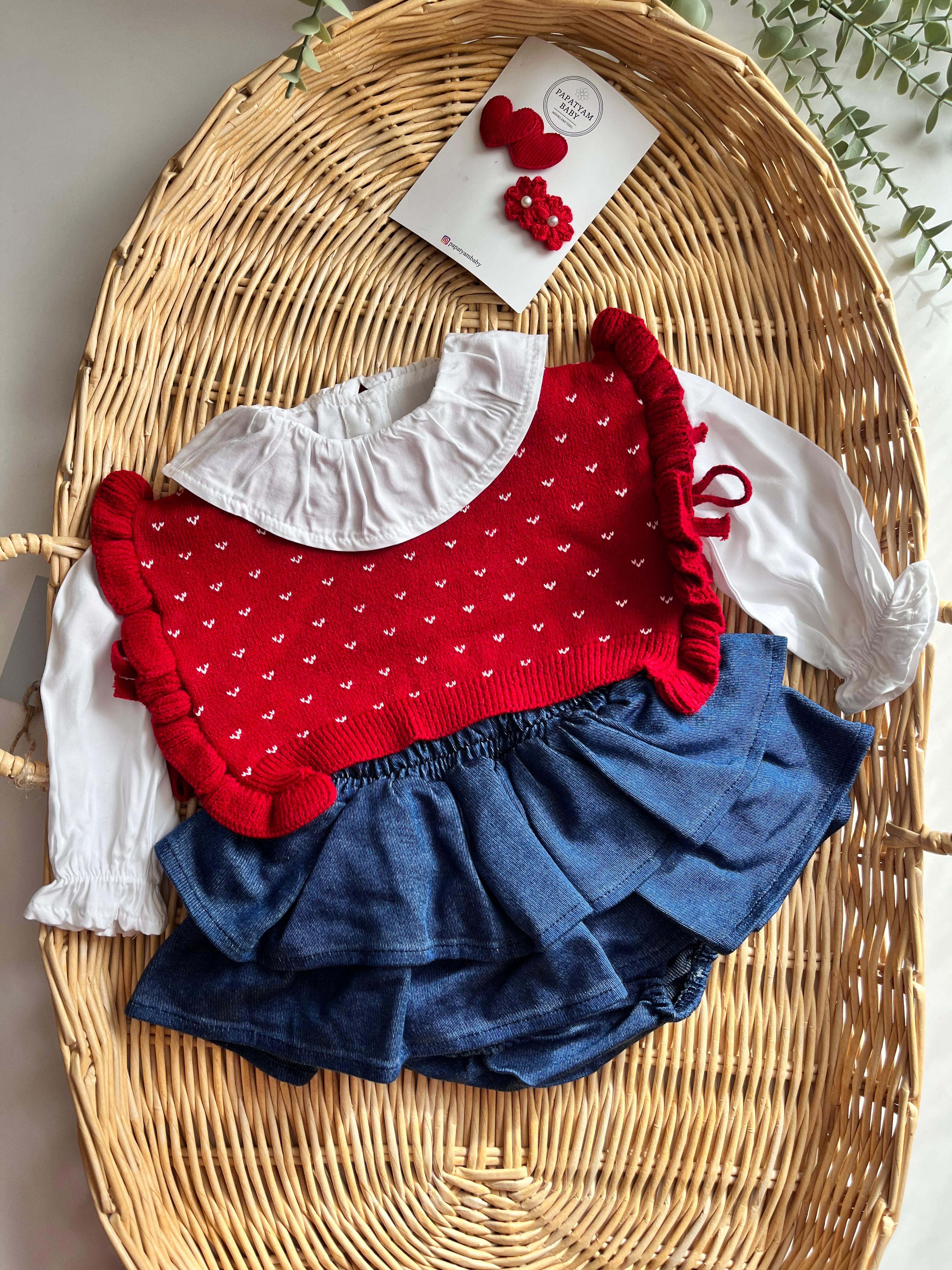 Cool Girl Premium Örme Süveter Gömlek Kot Etek 3'lü Takım