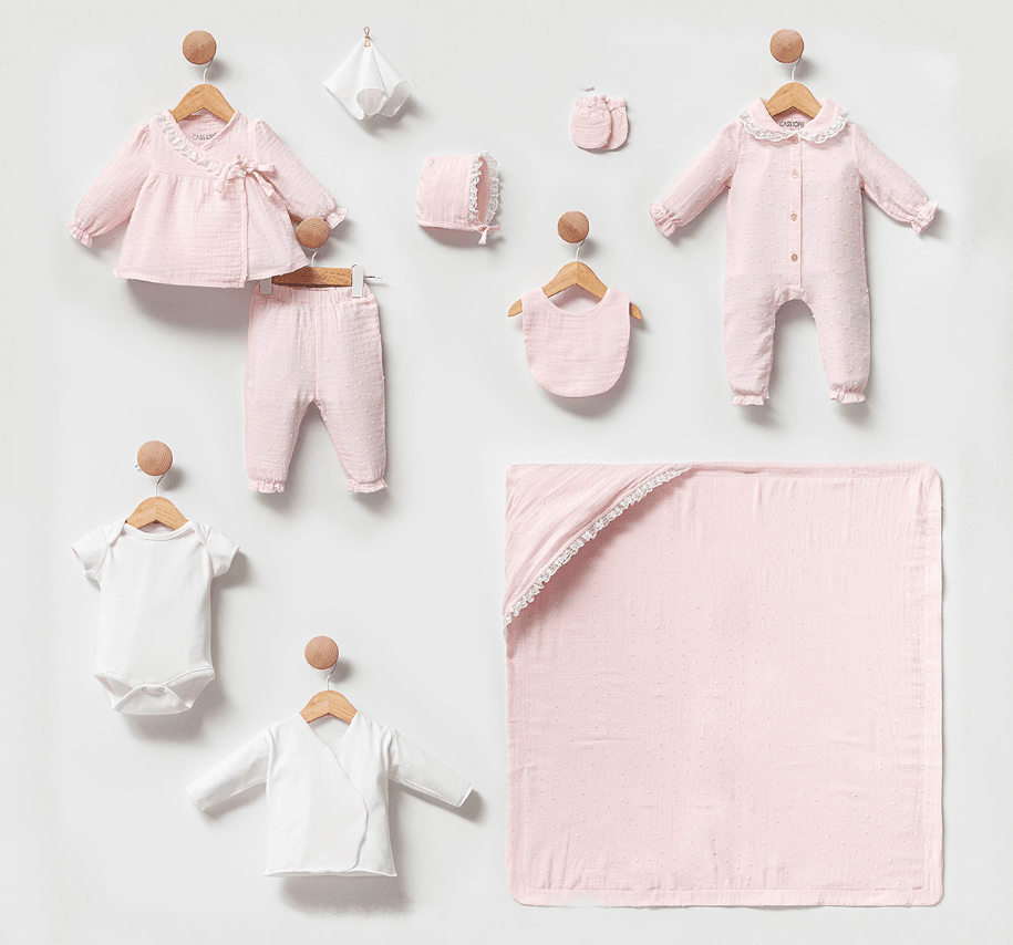 %100 Pamuk Premium Müslin 10 Parça Yenidoğan Set Pembe