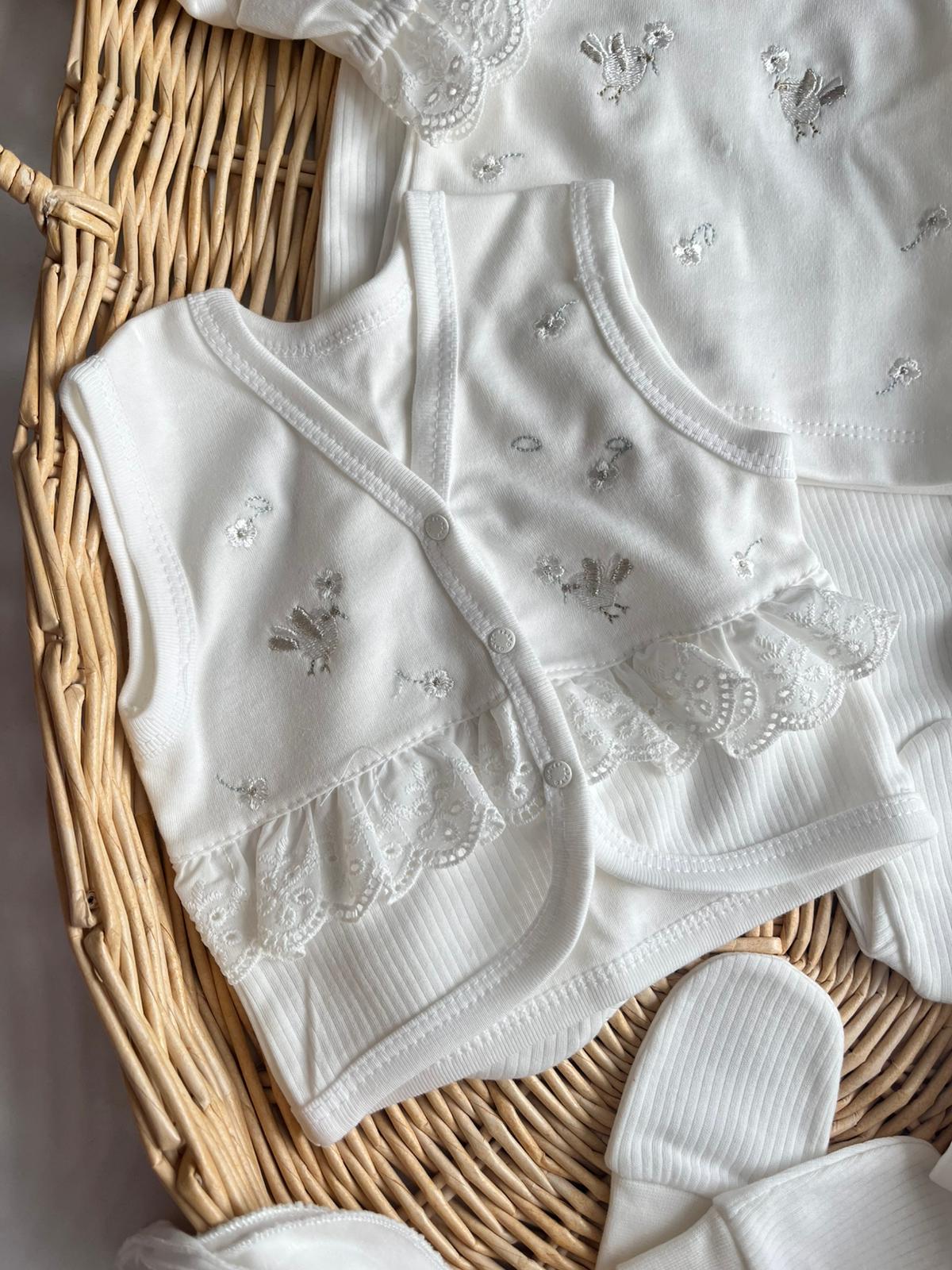%100 Pamuk Kuş Nakışlı 10 Parça Yenidoğan Set