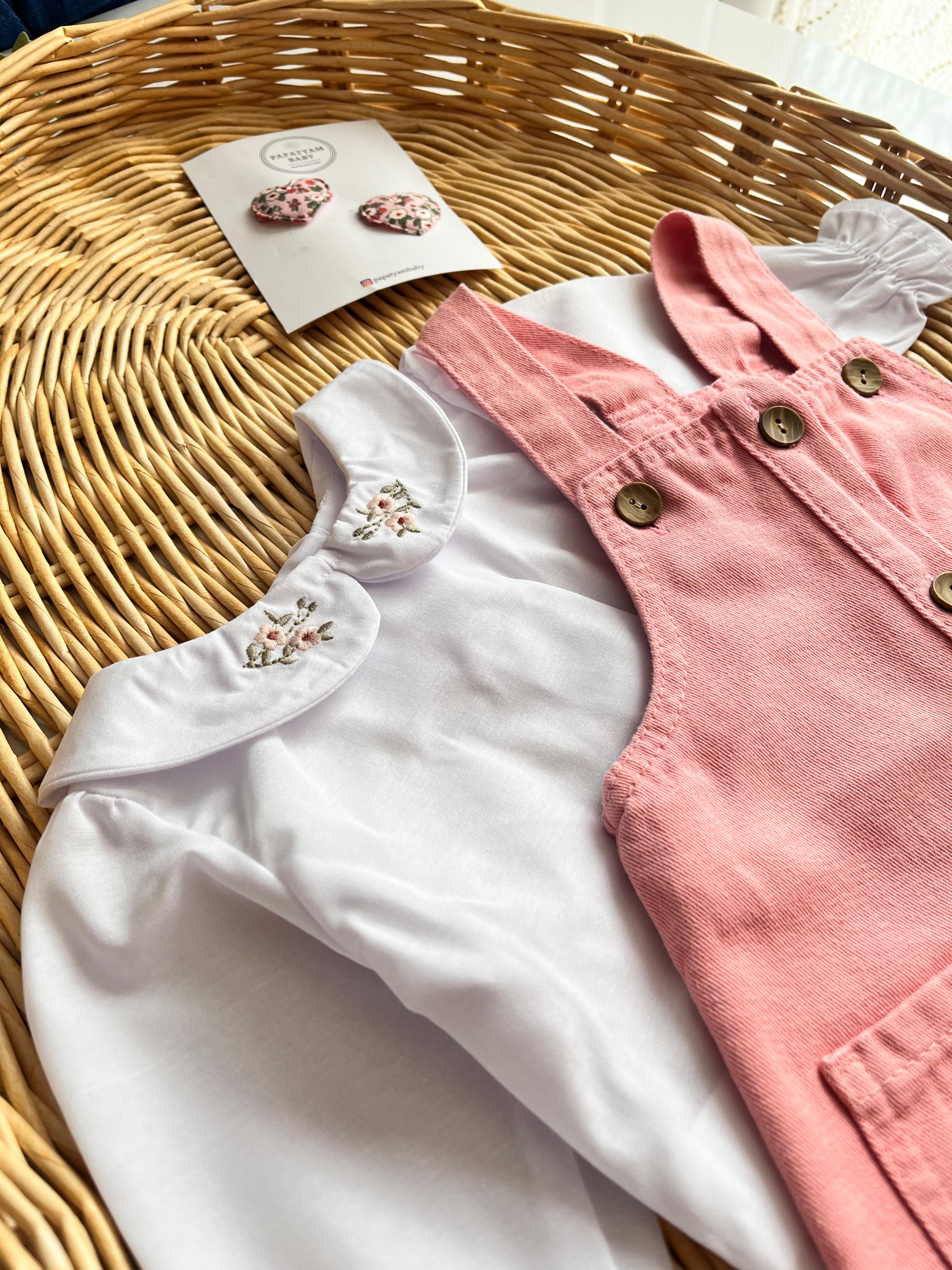 Çiçek Nakış Yaka Bluz ve Düğmeli Pembe Kot Jile Elbise 2'li 