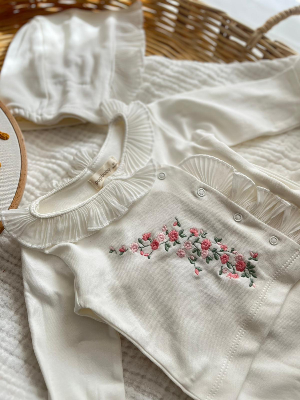 Perla %100 Pamuk premium Çiçek Nakış 5'li Yenidoğan set Ekru