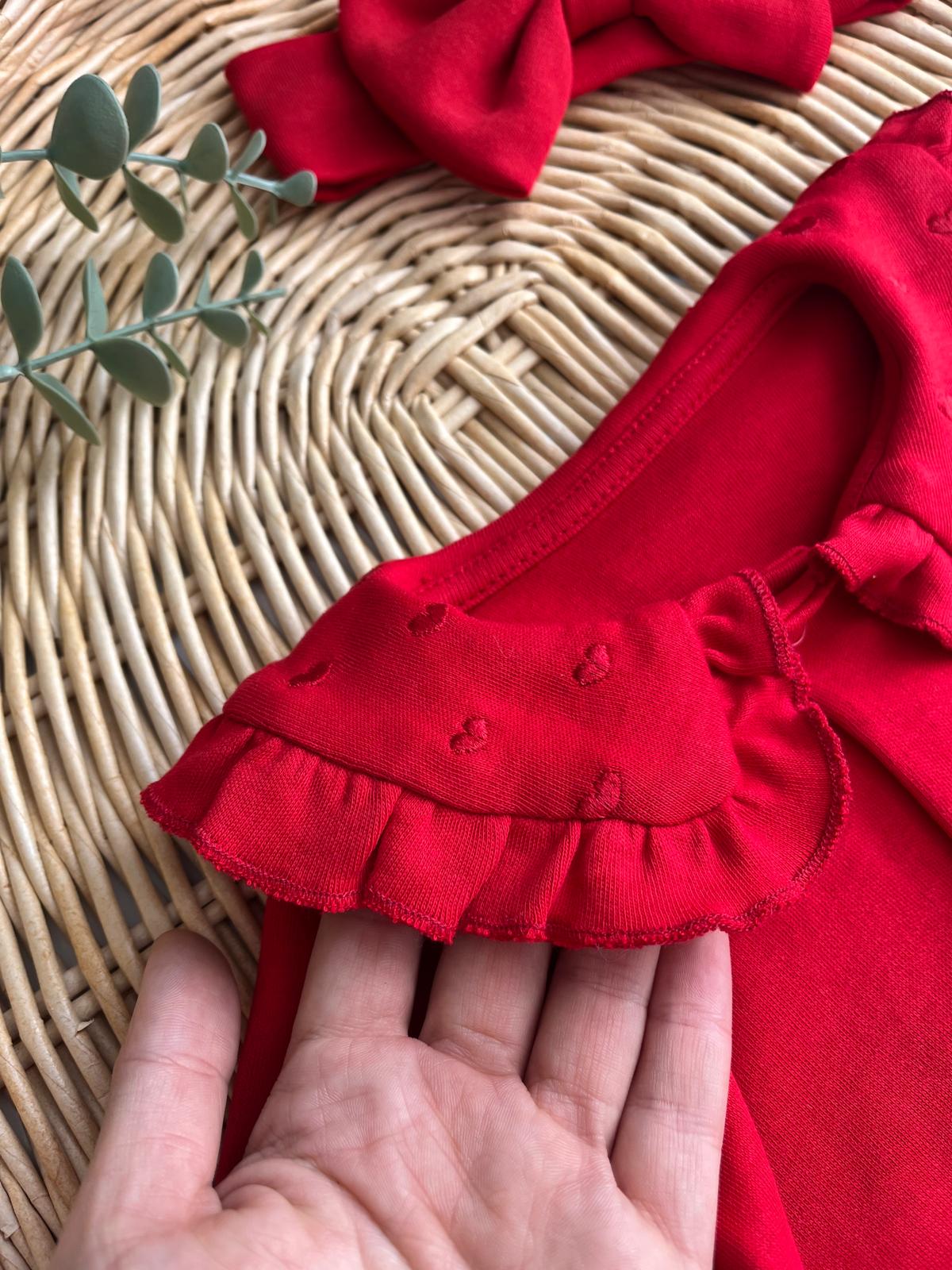 %100 Pamuk Kalp Nakış yakalı Bandanalı Tulum Kırmızı