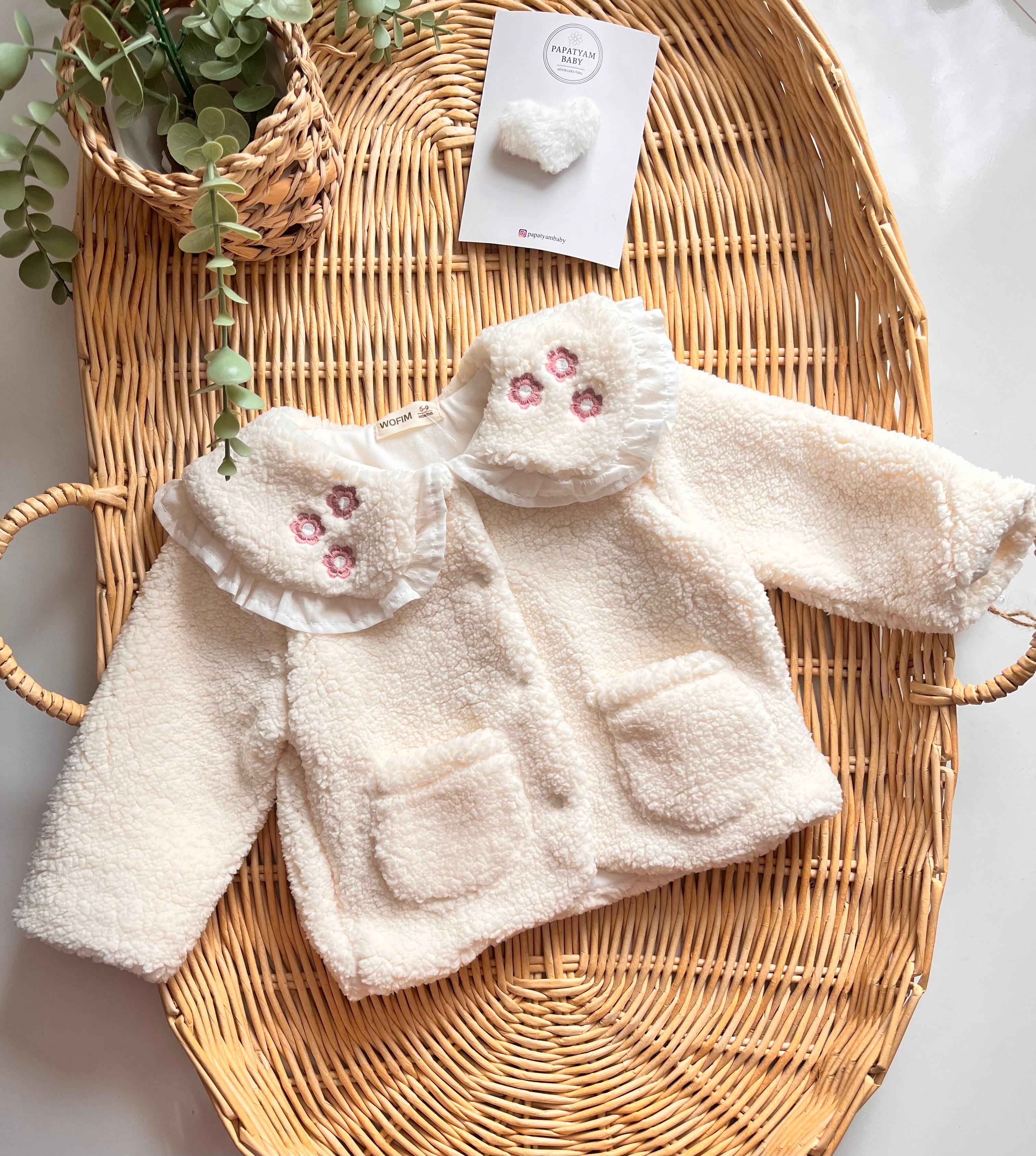 Yaka Nakışlı İçi Astarlı Peluş Ceket Ekru