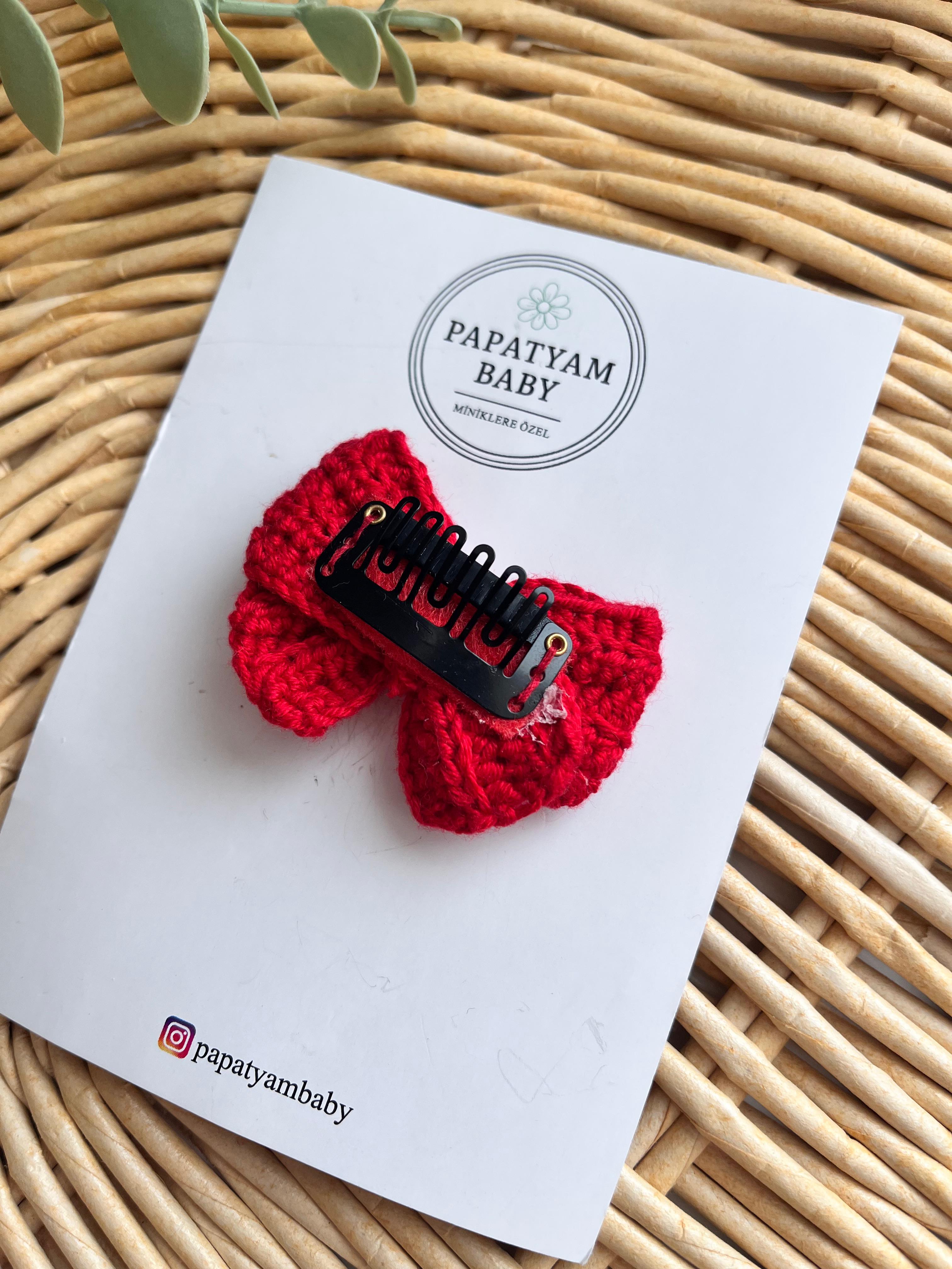 Örgü Kurdele Saçlı/Saçsız Bebek Tokası Kırmızı