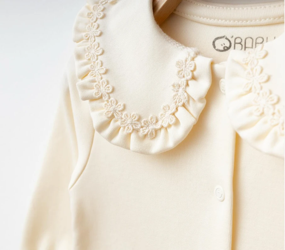 %100 Pamuk Cream Love Yaka Nakış Detay Bandanalı Tulum 