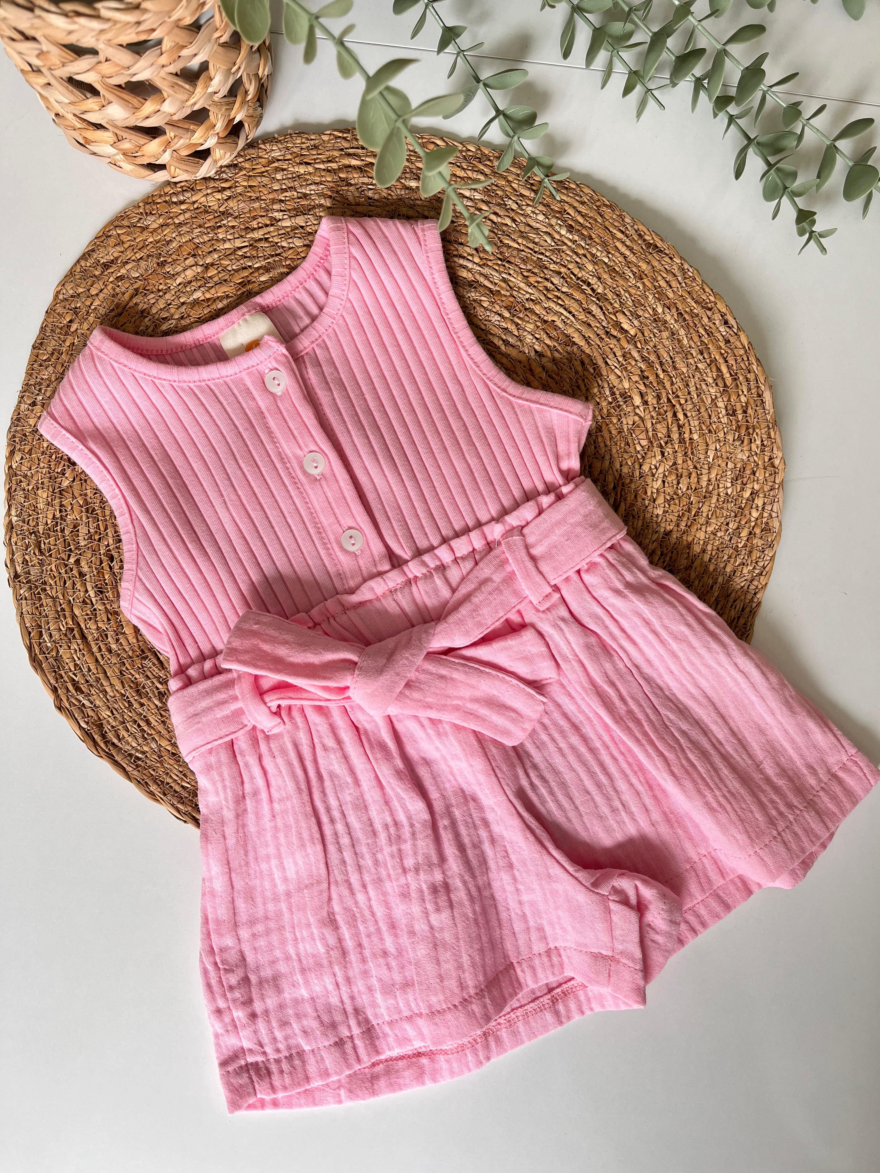 Fitilli Altı Müslin Bağlamalı Sort Tulum Pembe