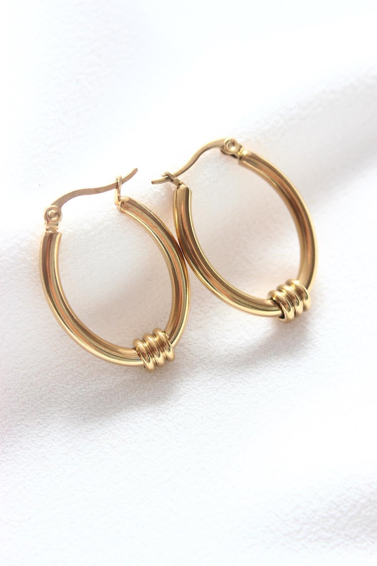 316l Paslanmaz Çelik Küpe - Oval Elips Halka Çelik Küpe - Uzunluk: 30 Mm; Genişlik: 20 Mm