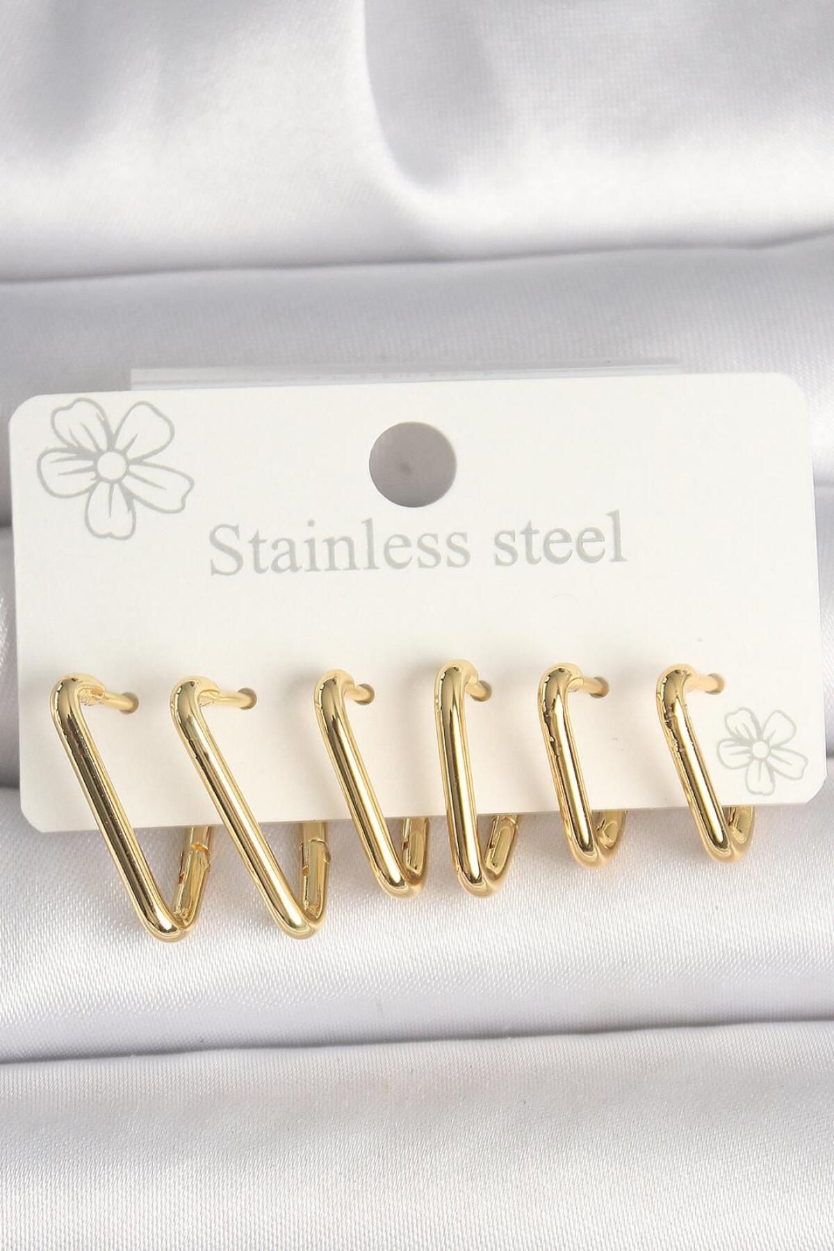 316L Paslanmaz Çelik 6'lı Gold Halka Küpe Seti – Modern Minimalist Üçgen Tasarım
