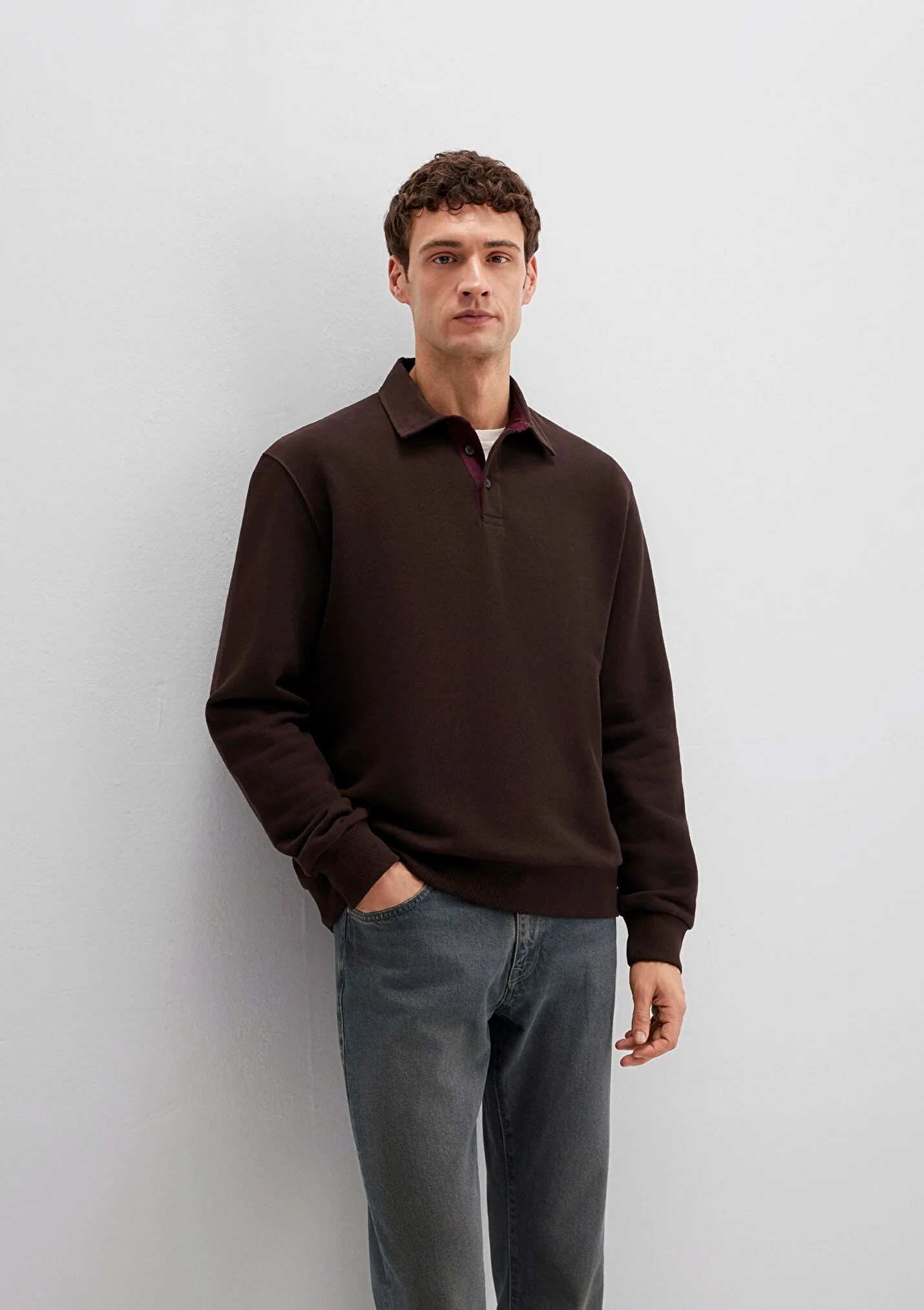 Yarım Düğmeli Kahverengi Erkek Sweatshirt