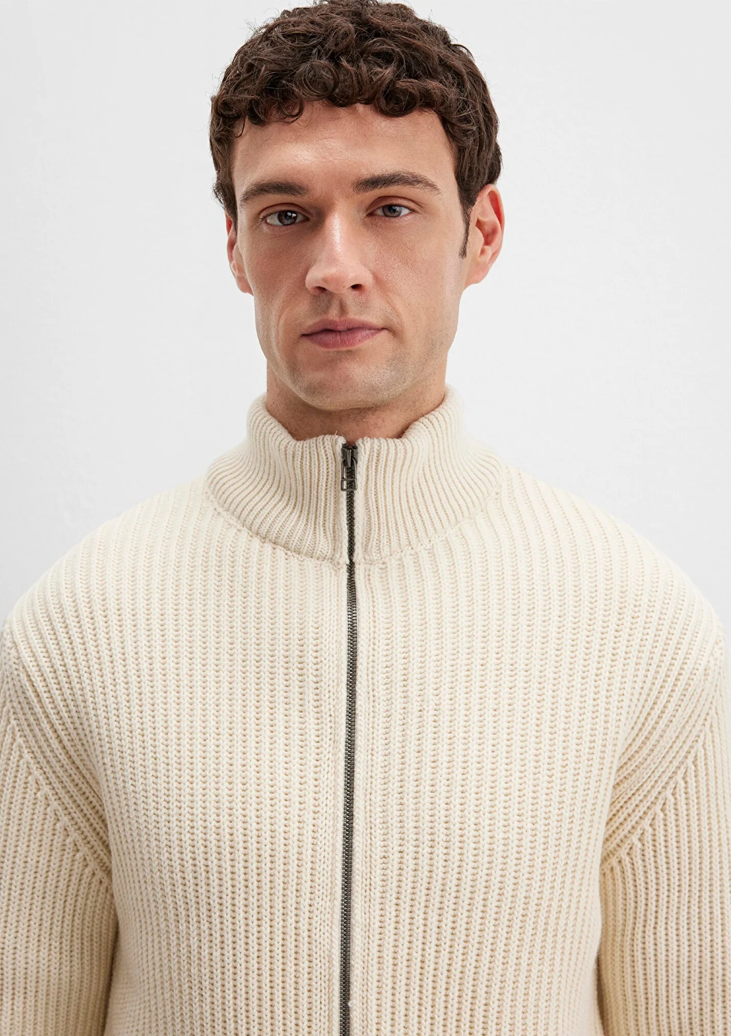 Erkek Yün Karışımlı Fermuarlı Ekru Hırka