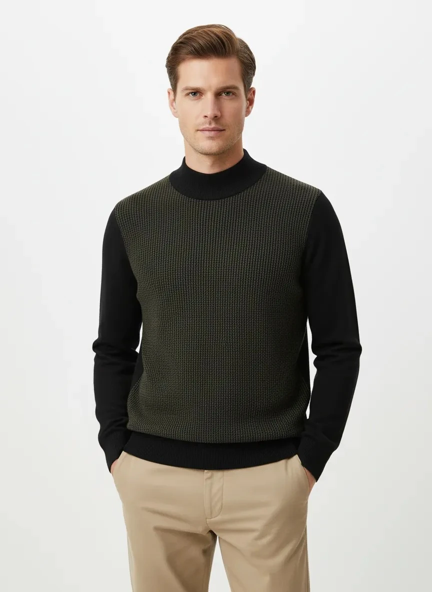 Erkek Siyah Yarım Balıkçı Desenli Kazak