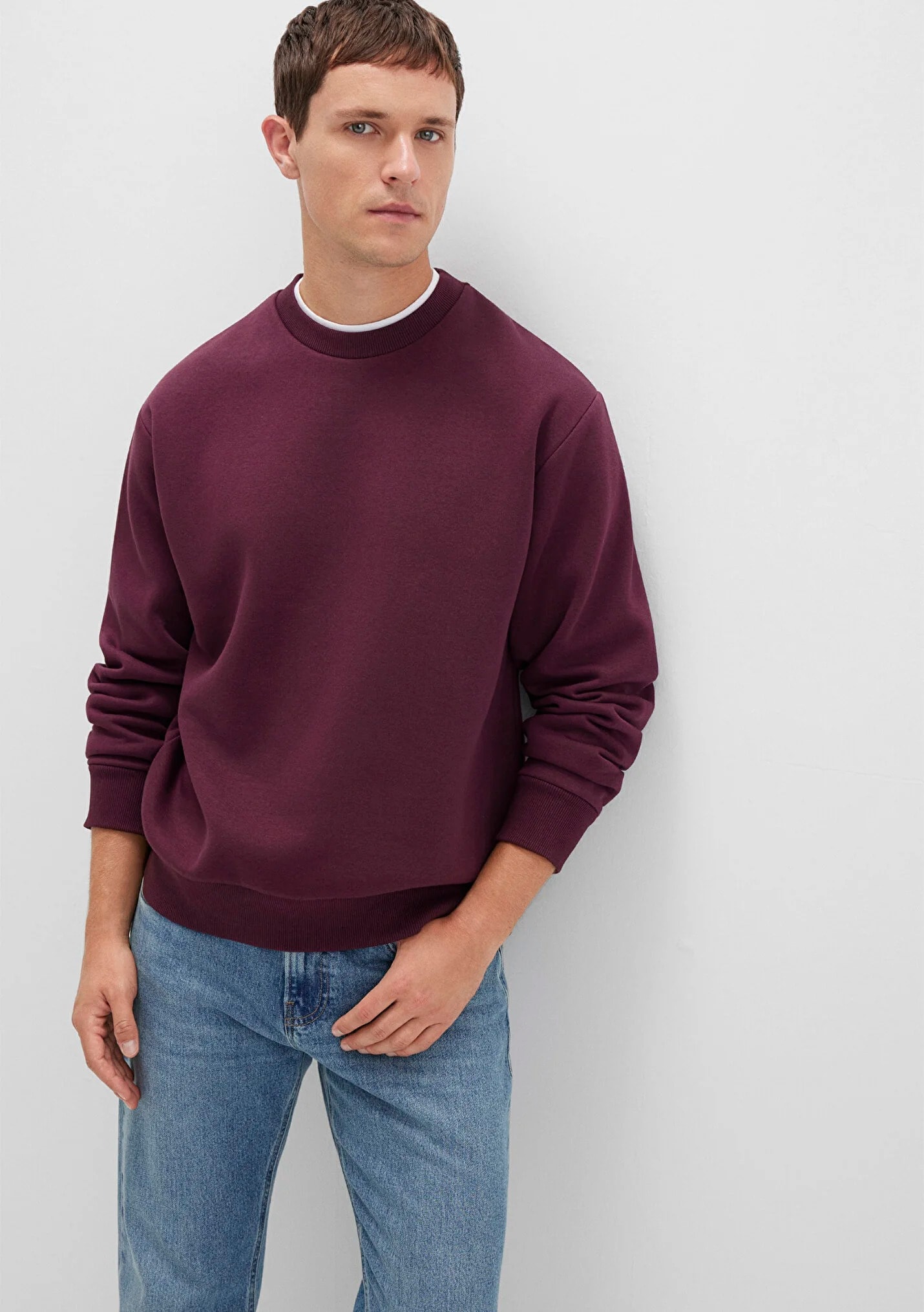 Bisiklet Yaka Bordo Basic Erkek Sweatshirt 0S10276-70434
