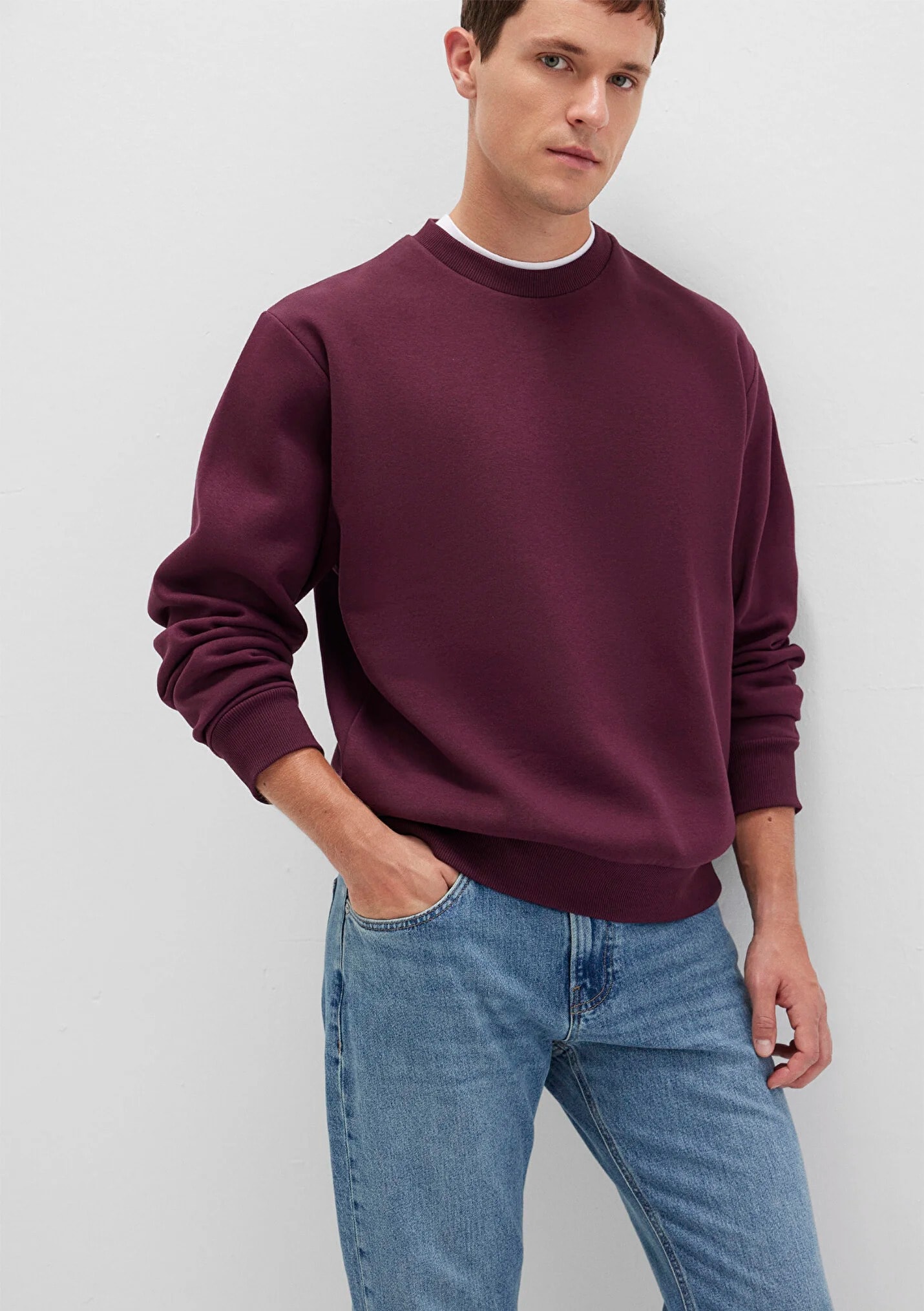 Bisiklet Yaka Bordo Basic Erkek Sweatshirt 0S10276-70434