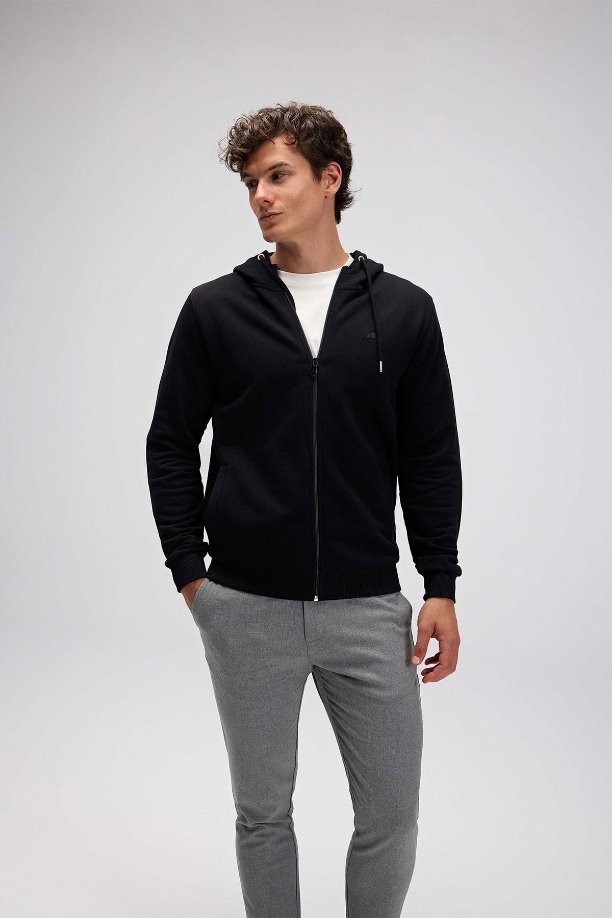 Erkek Fermuarlı Kapüşonlu Sweatshirt EM555-BK