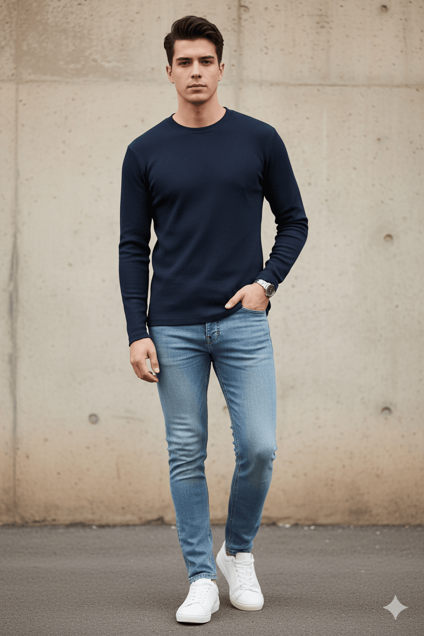 9511 Erkek Sıfır Yaka Waffle Basic Sweatshirt