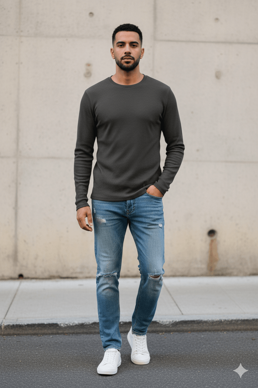 9511 Erkek Sıfır Yaka Waffle Basic Sweatshirt - ANTRASİT