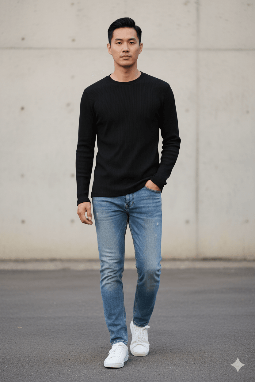 9511 Erkek Sıfır Yaka Waffle Basic Sweatshirt - SİYAH