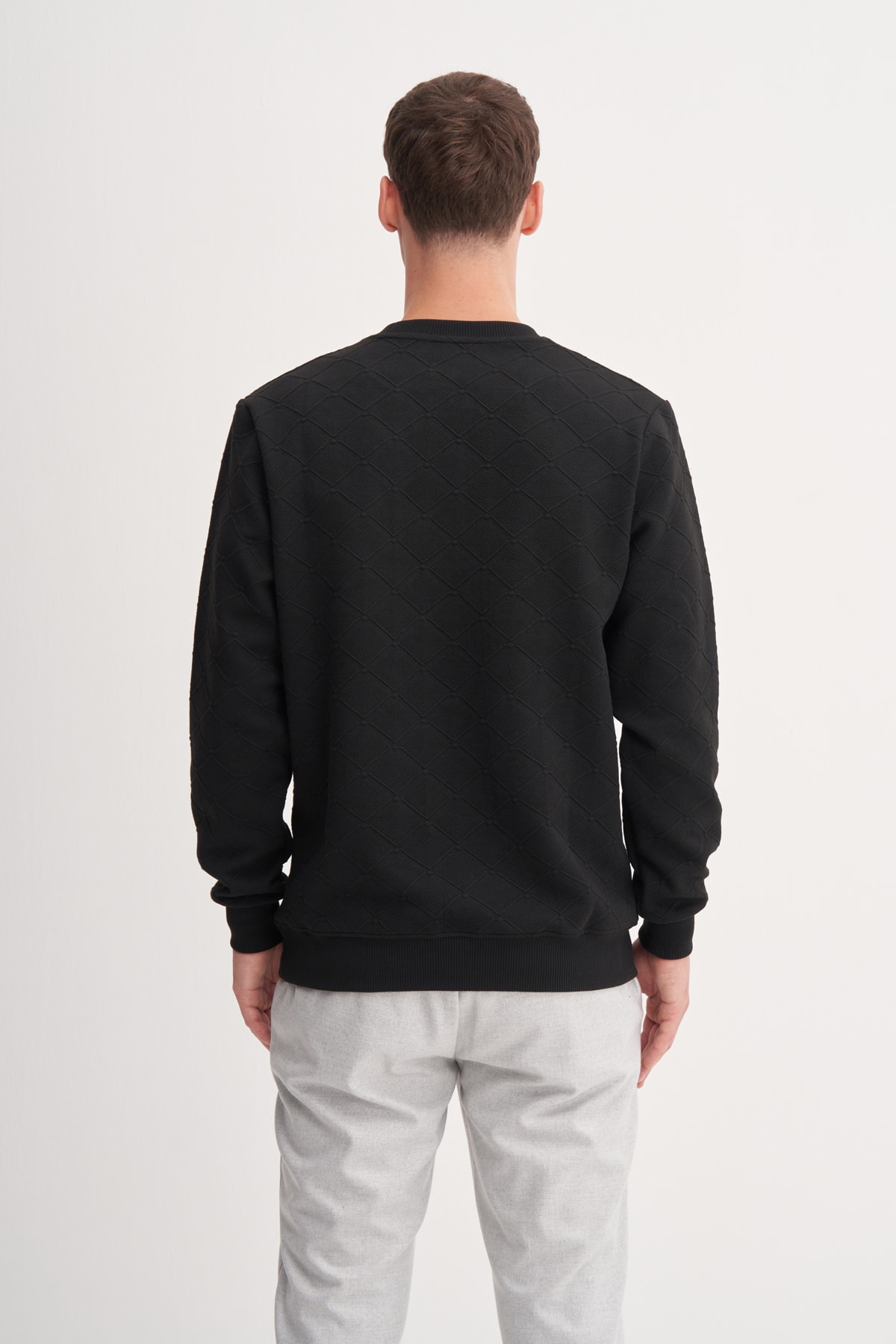 Baklava Desenli Kapitone Jakar Erkek Siyah Sweatshirt CAZ 53410
