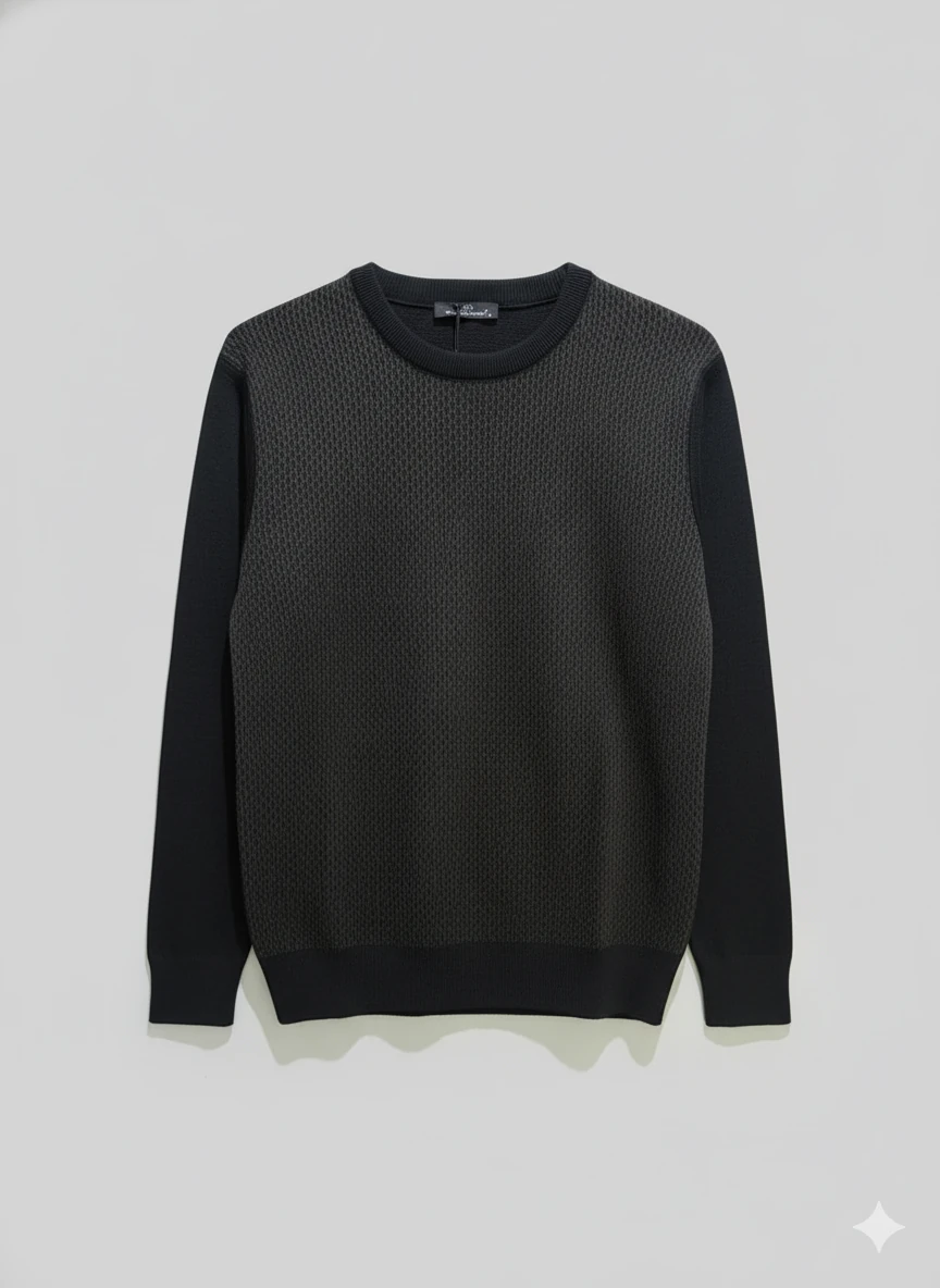 Erkek Siyah Bisiklet Yaka Desenli Kazak