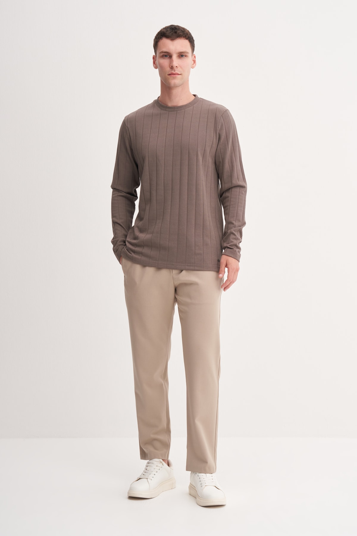 Bisiklet Yaka Jakarlı Interlok Erkek Vizon Sweatshirt CAZ 53950