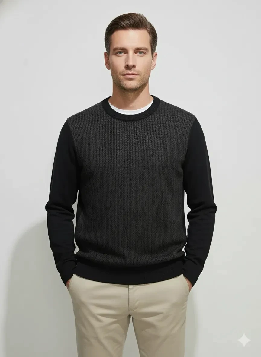 Erkek Siyah Bisiklet Yaka Desenli Kazak