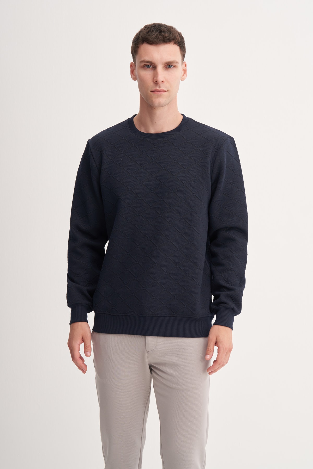 Baklava Desenli Kapitone Jakar Erkek Lacivert Sweatshirt CAZ 53410
