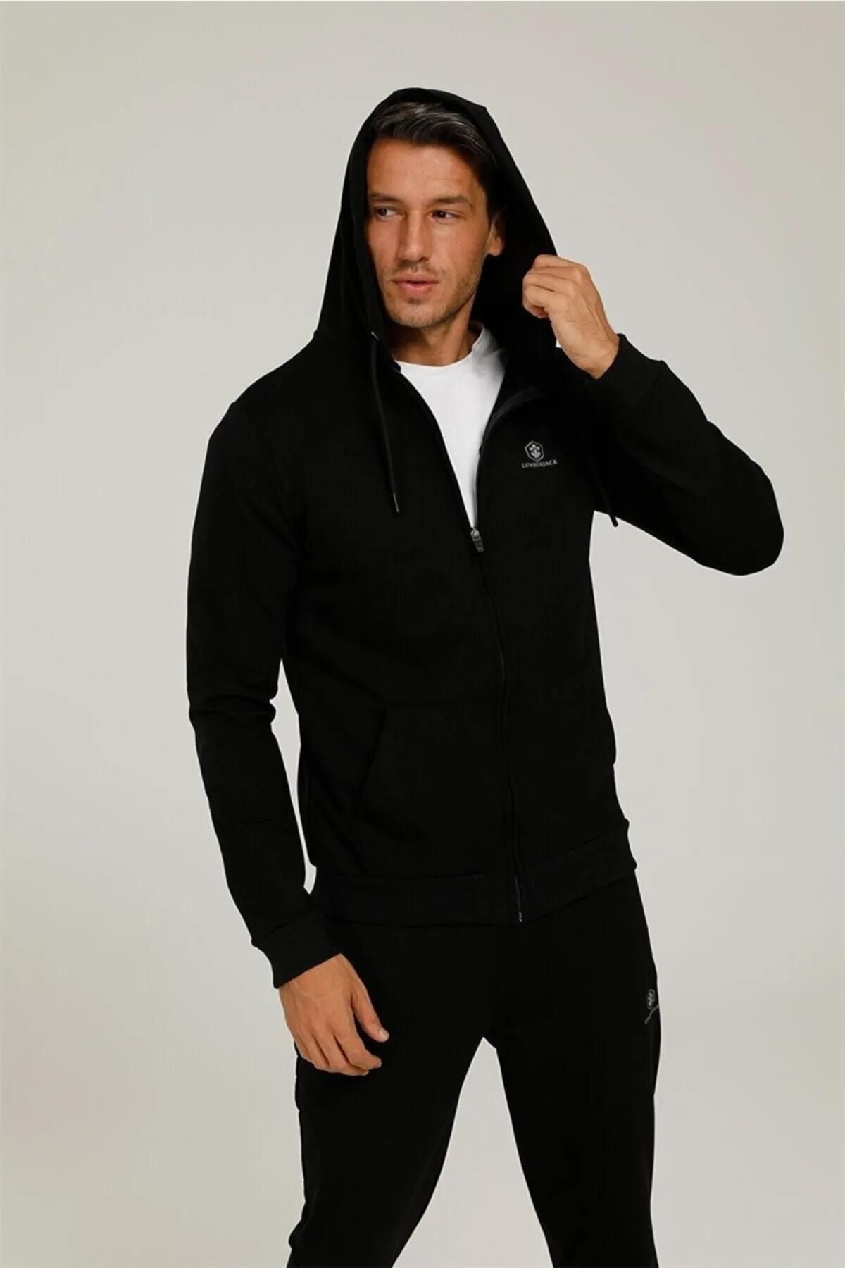 Basic Full Zip Siyah Erkek Hoodie - 101349637