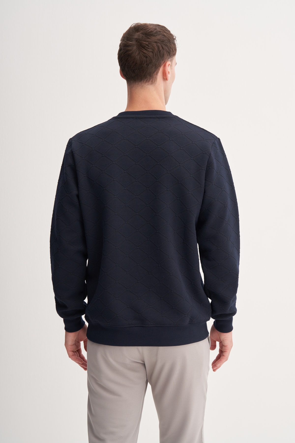 Baklava Desenli Kapitone Jakar Erkek Lacivert Sweatshirt CAZ 53410
