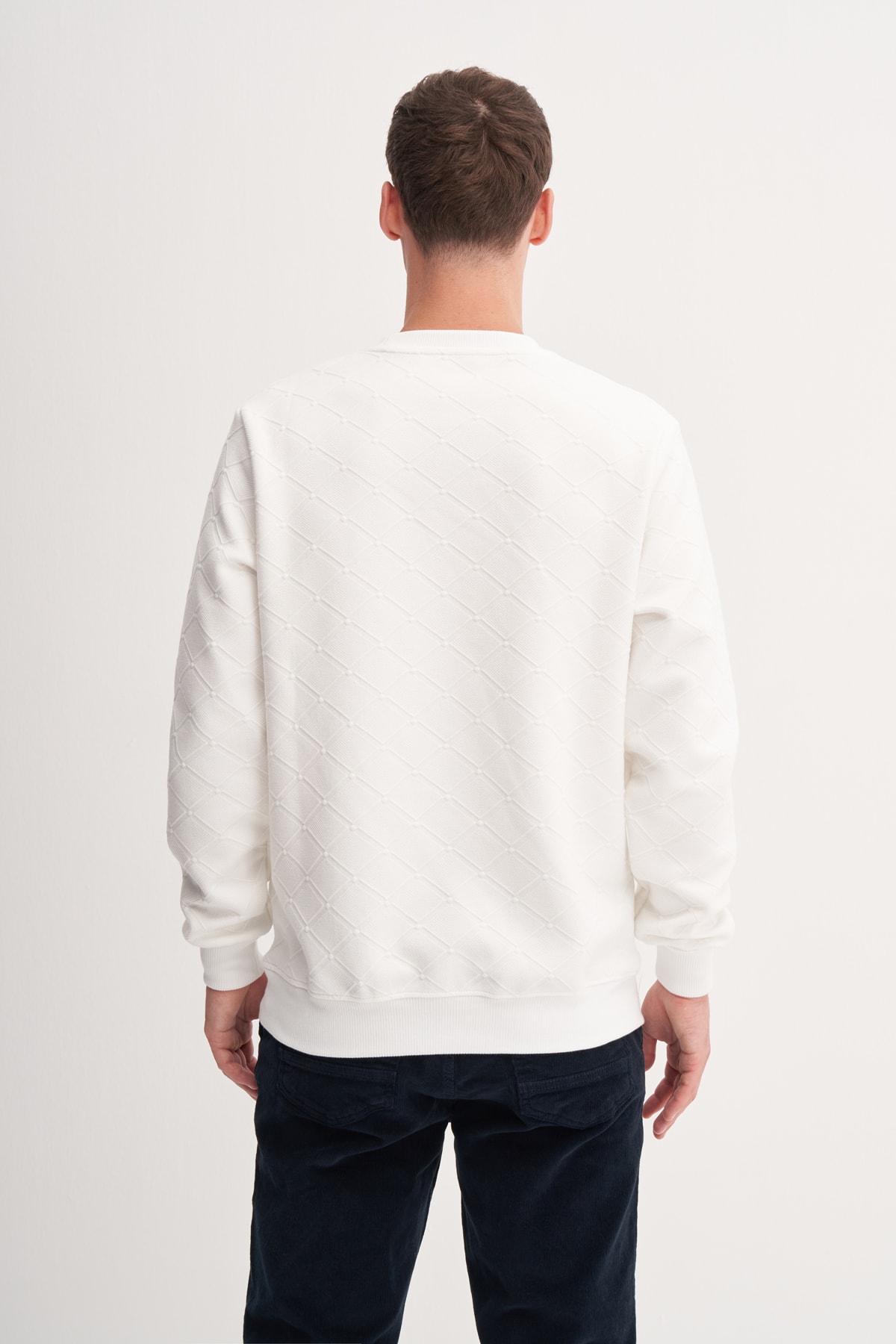 Baklava Desenli Kapitone Jakar Erkek Ekru Sweatshirt CAZ 53410