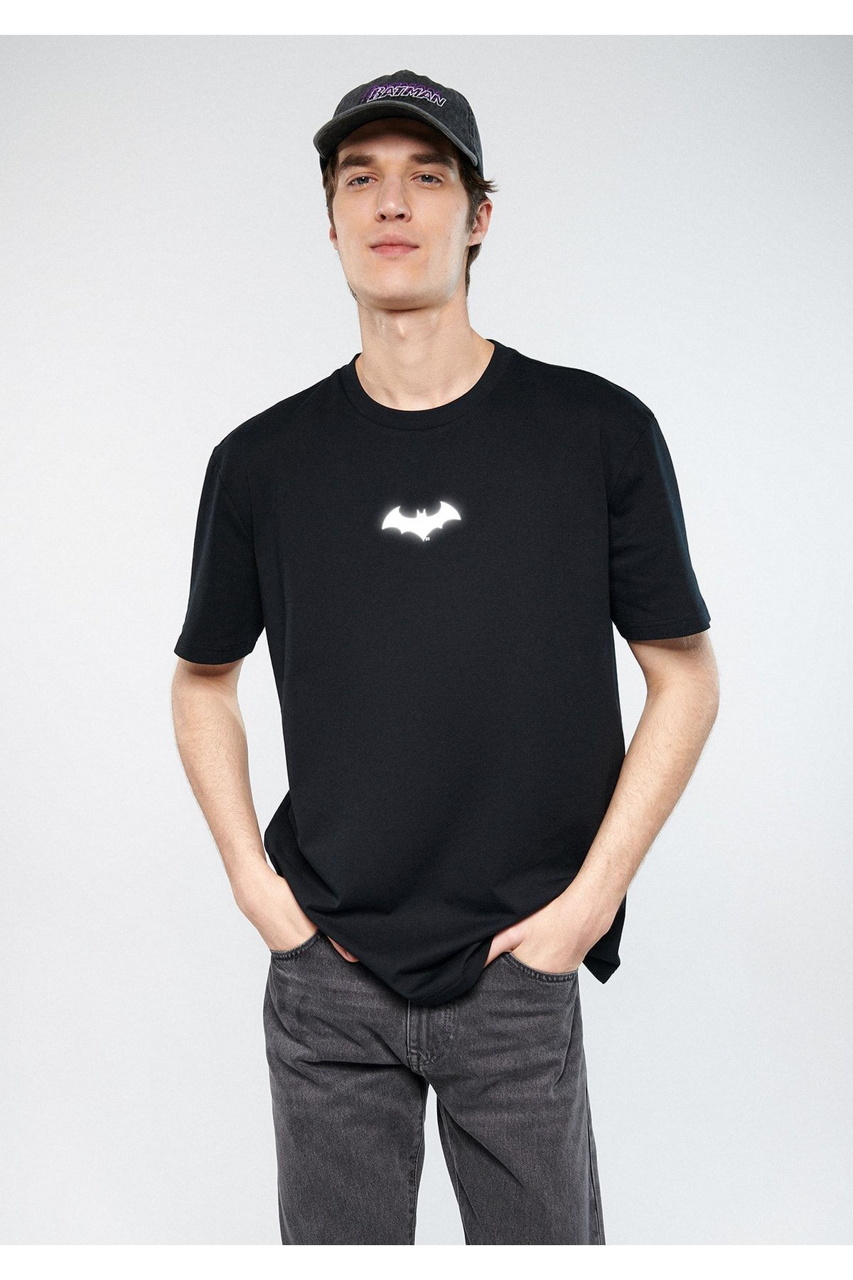 Mavi BATMAN Reflektör Baskılı Erkek Siyah Tişört