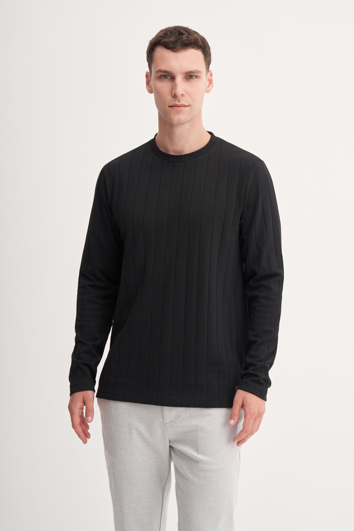 Bisiklet Yaka Jakarlı Interlok Erkek Siyah Sweatshirt CAZ 53950