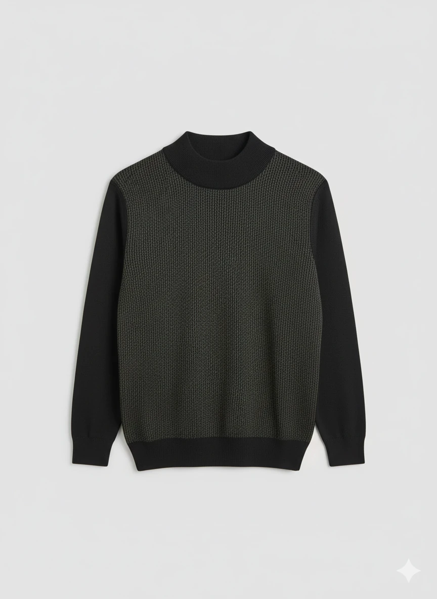 Erkek Siyah Yarım Balıkçı Desenli Kazak