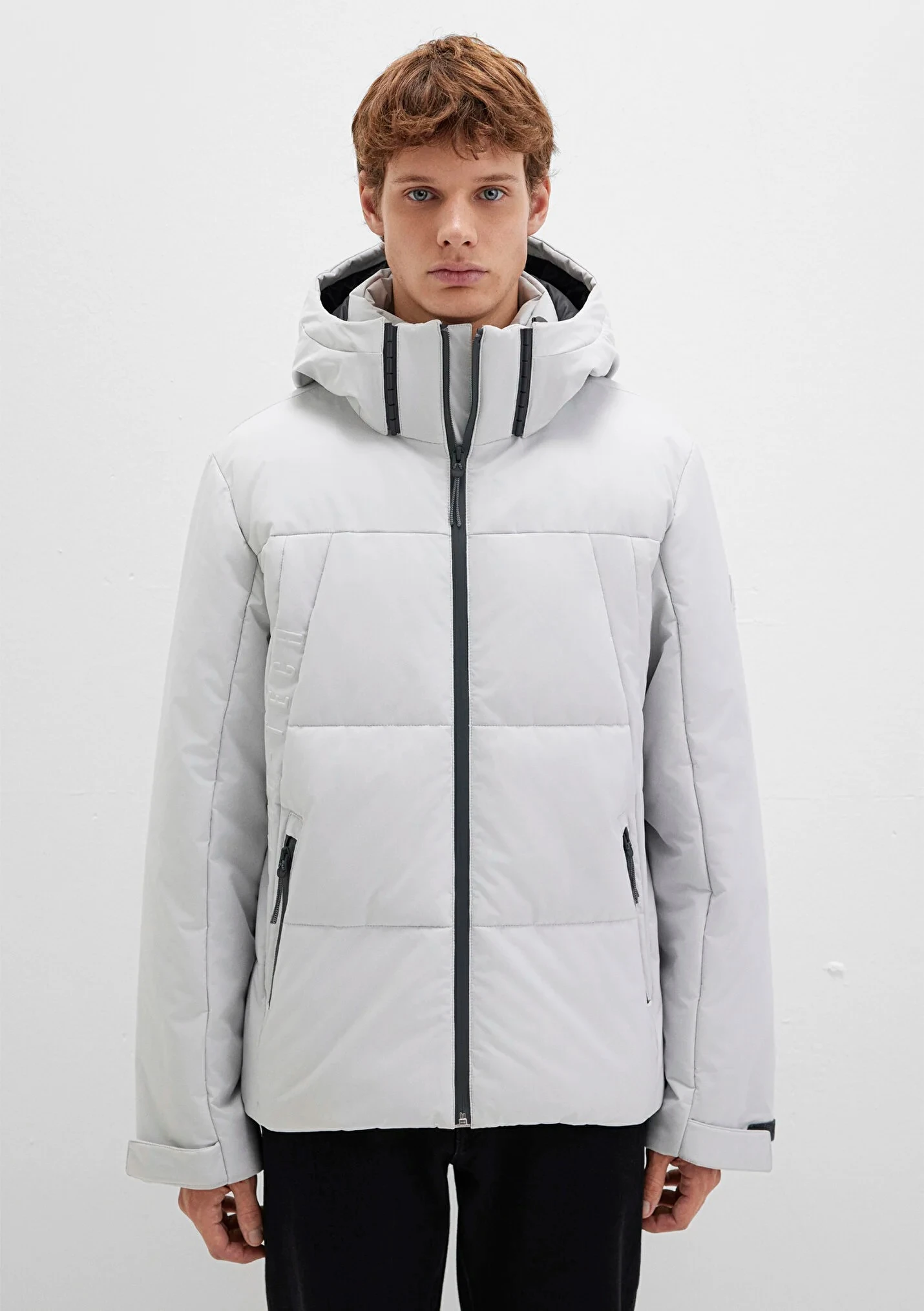 Erkek Kapüşonlu Gri Şişme Mont