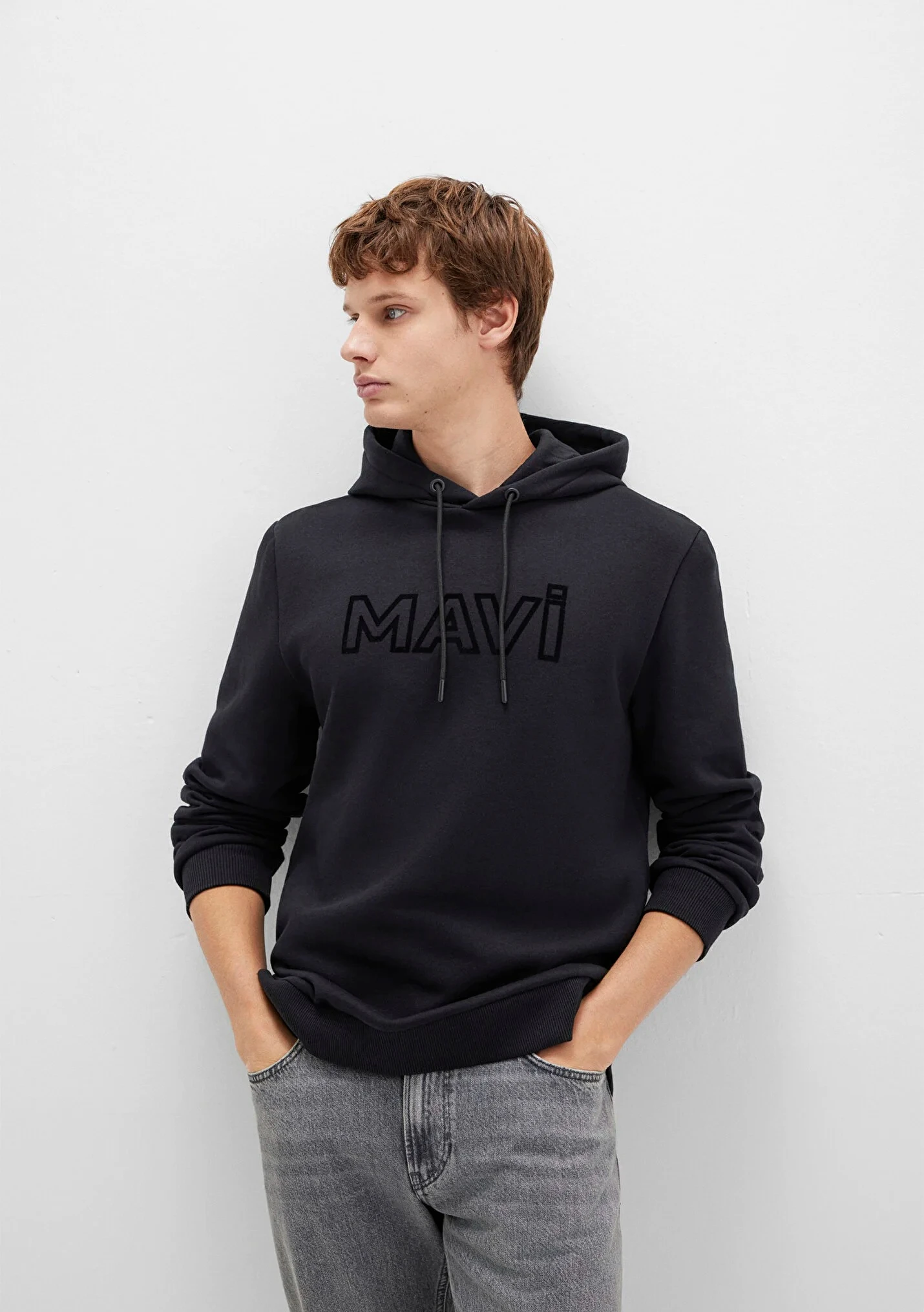 Logo Baskılı Kapüşonlu Siyah Erkek Sweatshirt