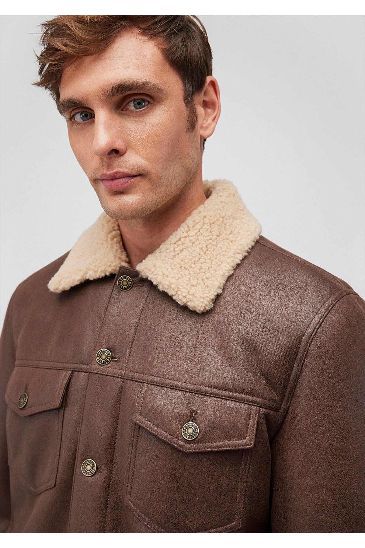 Erkek Kahverengi Suni Deri Ceket 