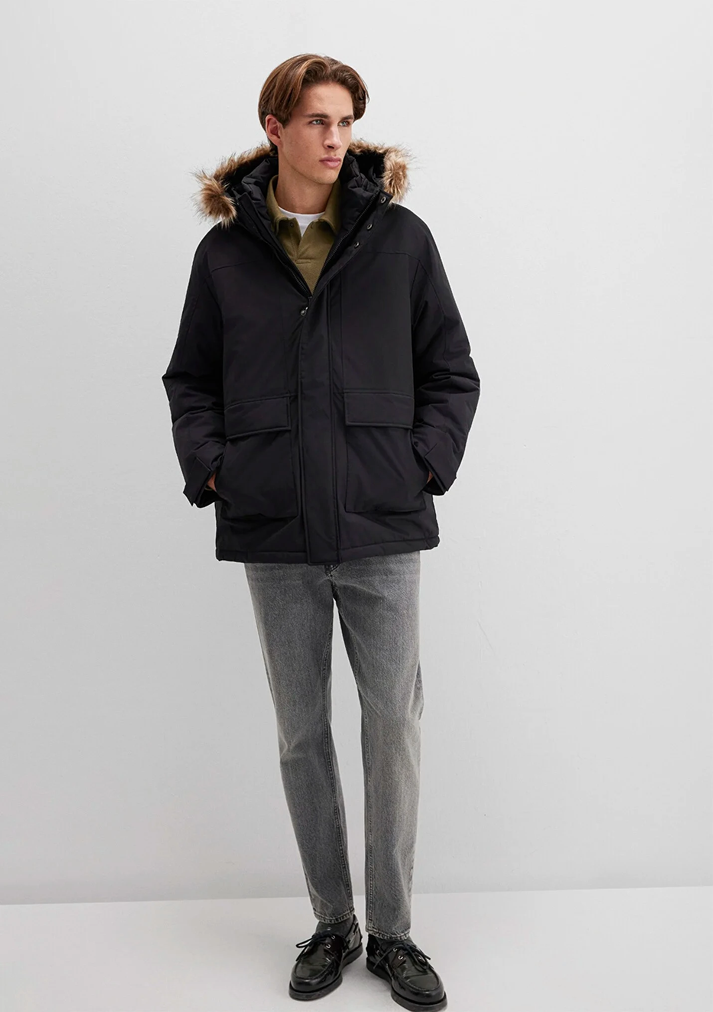 Kapüşonlu Siyah Erkek Parka