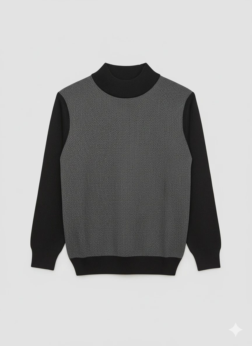 Erkek Siyah Yarım Balıkçı Desenli Kazak