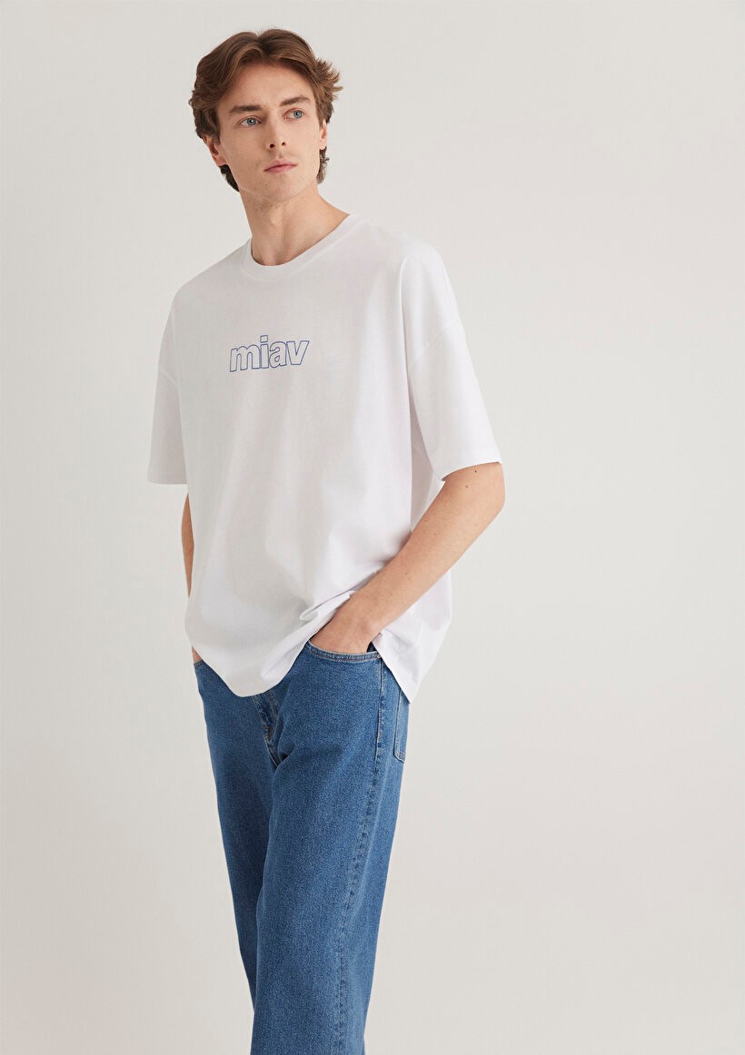 Miav Baskılı Oversize Beyaz Tişört 0611704-620