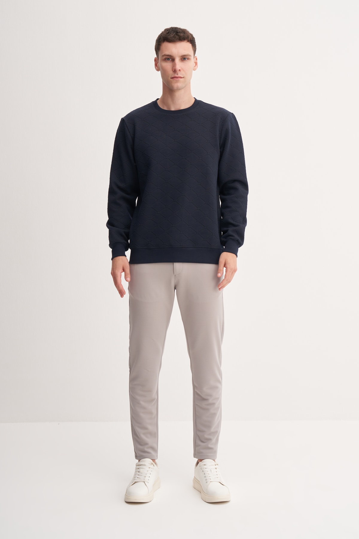 Baklava Desenli Kapitone Jakar Erkek Lacivert Sweatshirt CAZ 53410