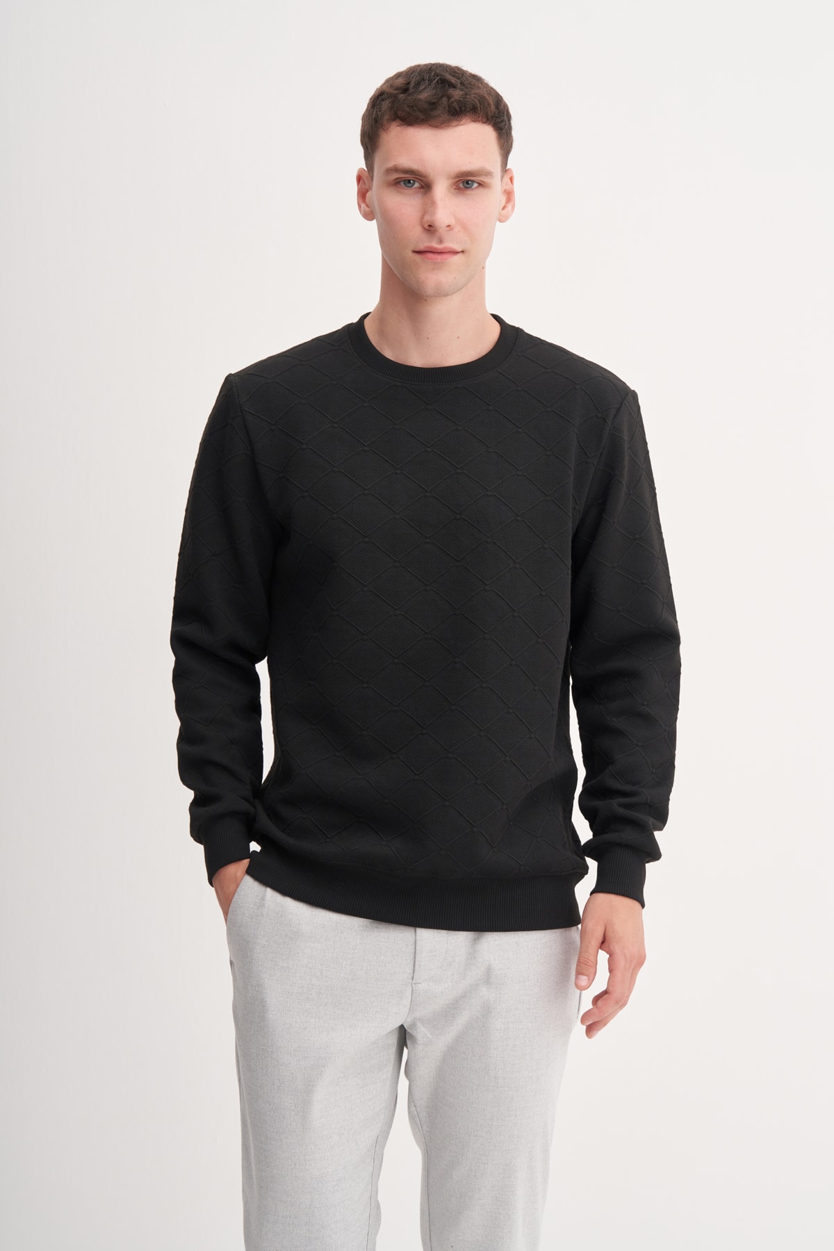 Baklava Desenli Kapitone Jakar Erkek Siyah Sweatshirt CAZ 53410