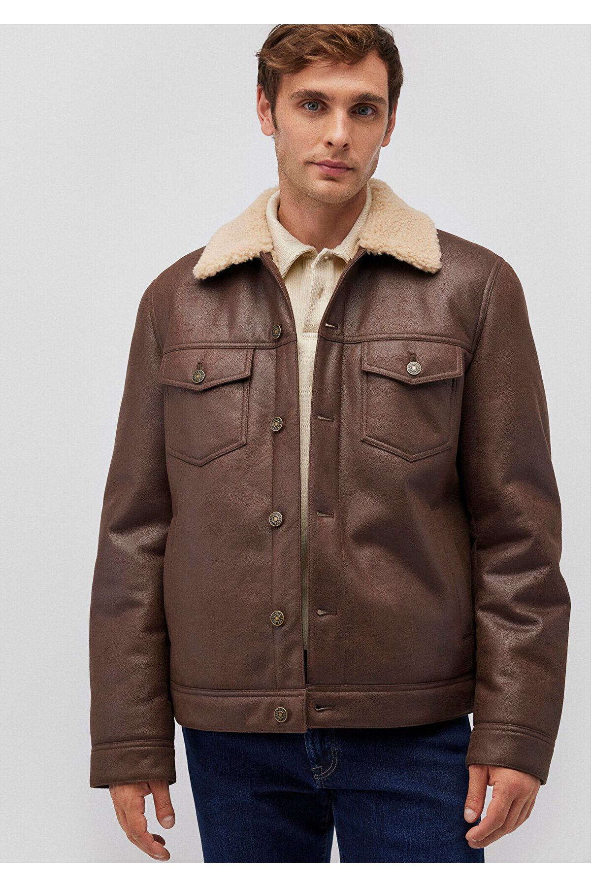 Erkek Kahverengi Suni Deri Ceket 